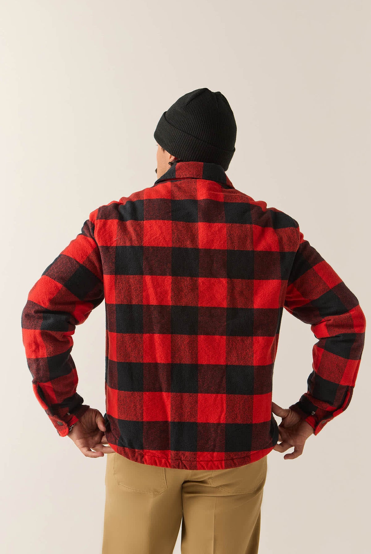 Men's Durham Lined Jacket in the color Red/Black Buffalo Plaid - Men's Back View