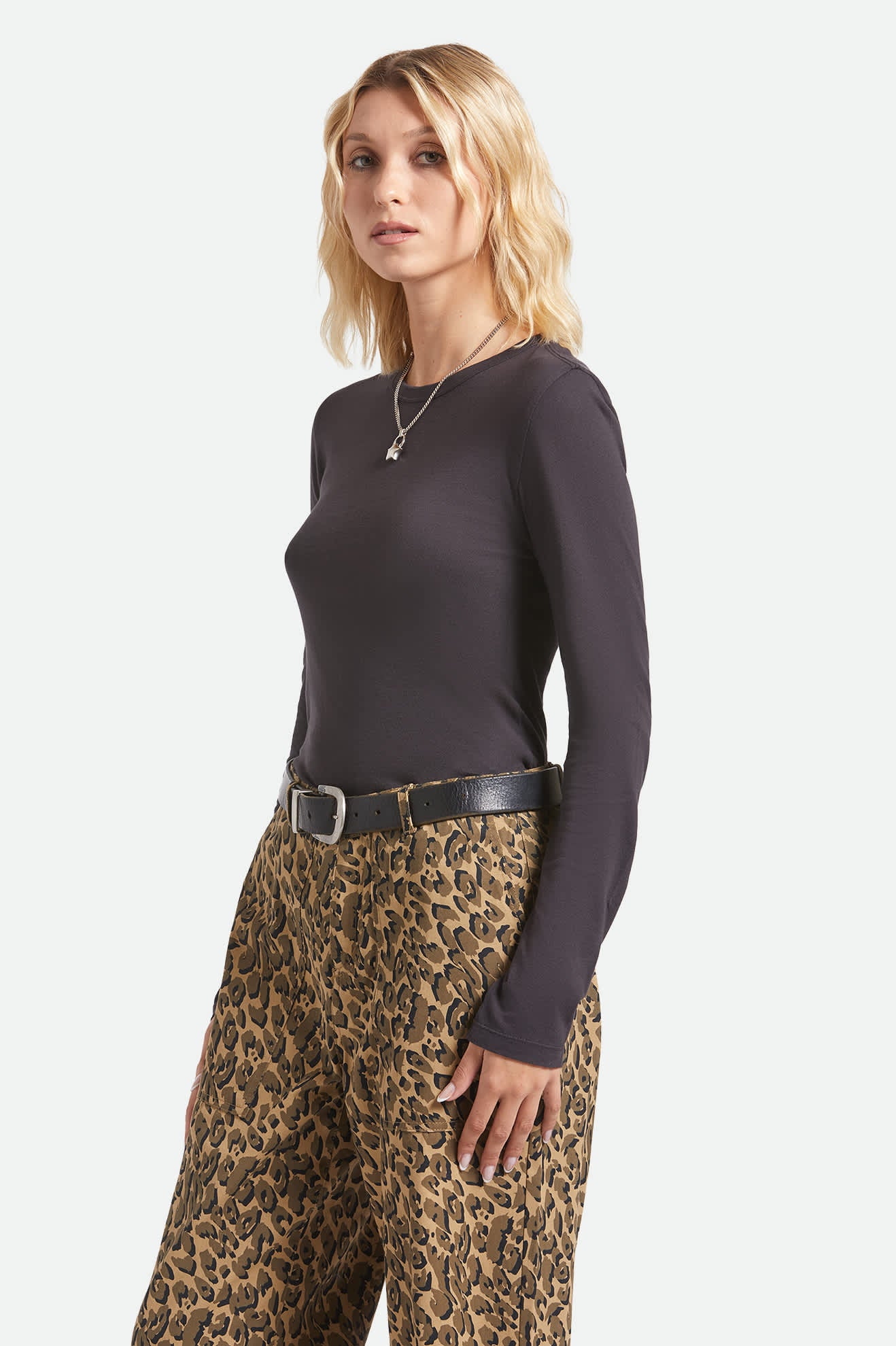 Women's Carefree Organic Garment Dye Slim L/S T-Shirt in the color Black - Women's Side View