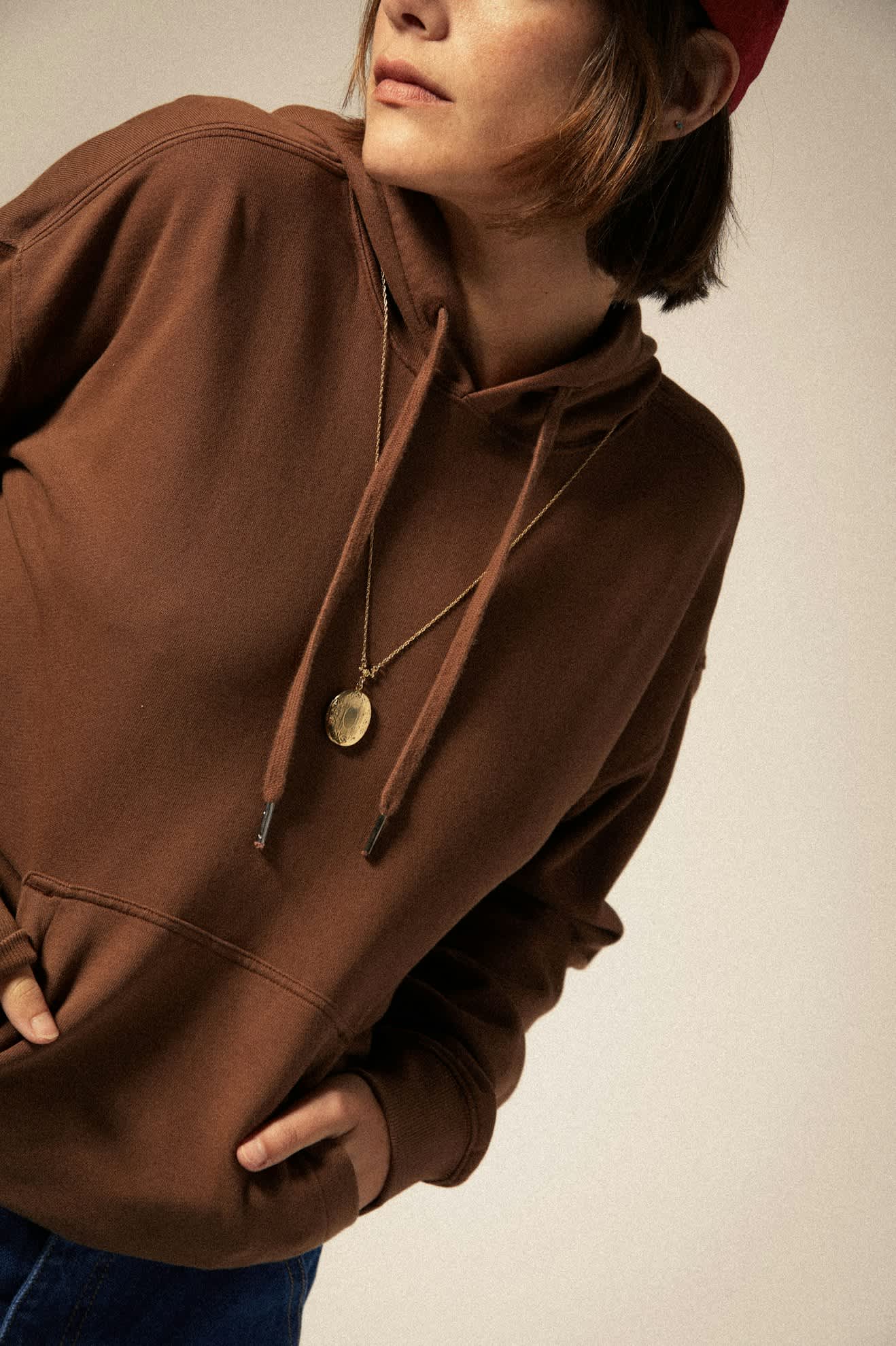 Women's Cross Loop French Terry Hoodie in the color Pinecone Brown - Additional Fit image