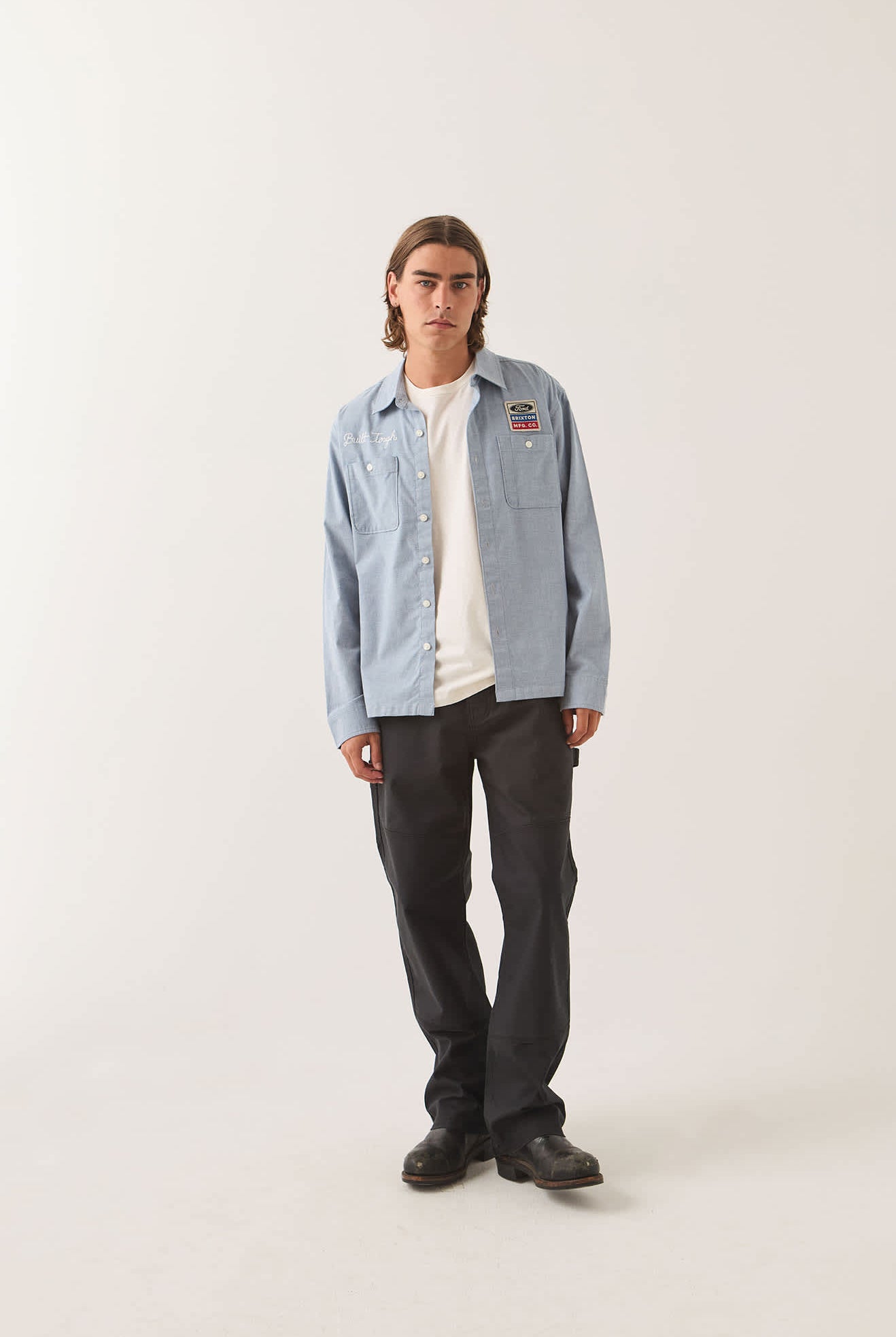 Men's Ford Service Dept Workshirt in the color Blue Chambray - Men's Front View