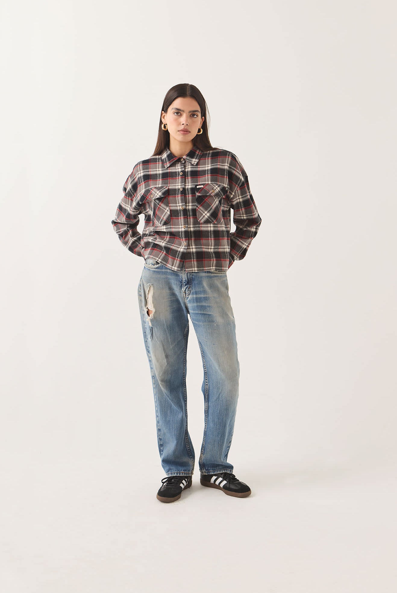 Women's Bowery Crop Women's Overshirt in the color Washed Black Plaid - Women's Front Fit Image