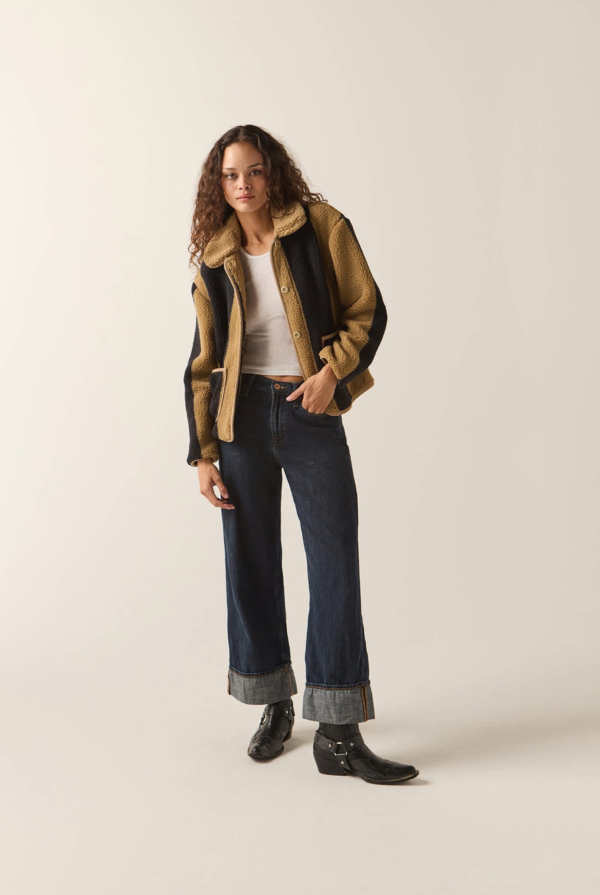 Women's Delilah Sherpa Jacket in the color Khaki/Black Stripe - Women's Front Fit Image