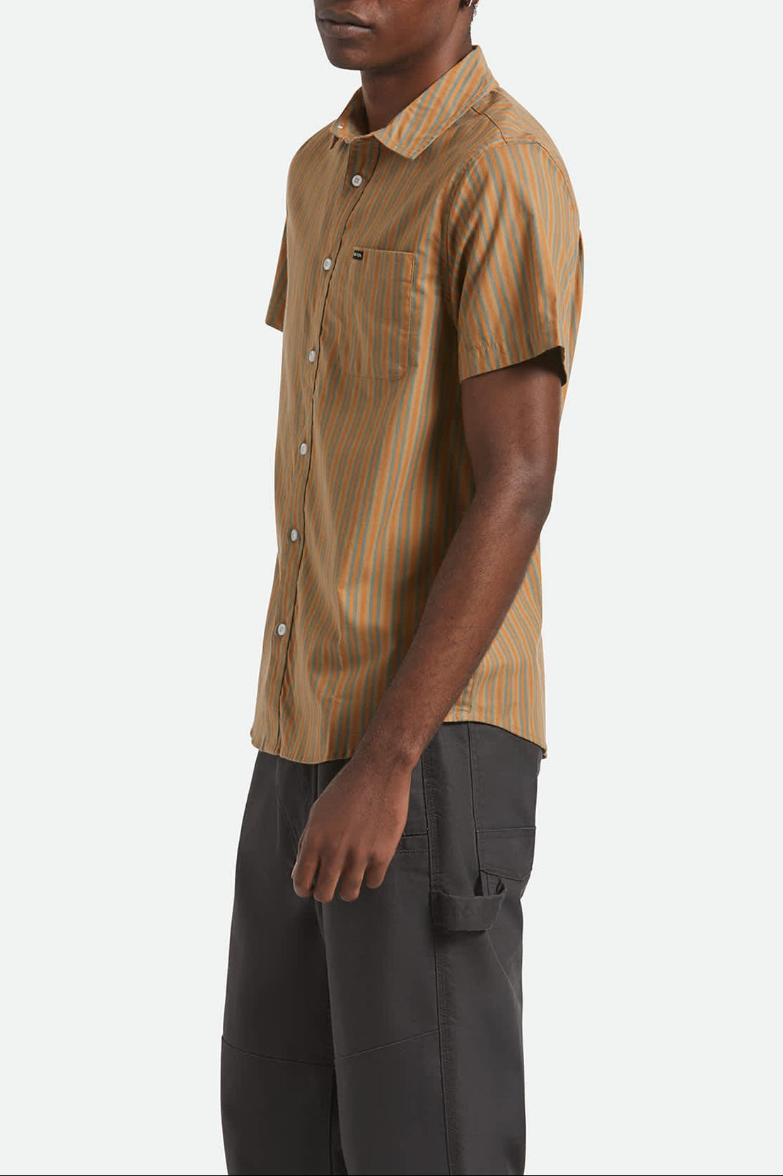 Men's Charter Stripe S/S Shirt in the color Rustic Caramel/Night Sage - Men's Side View