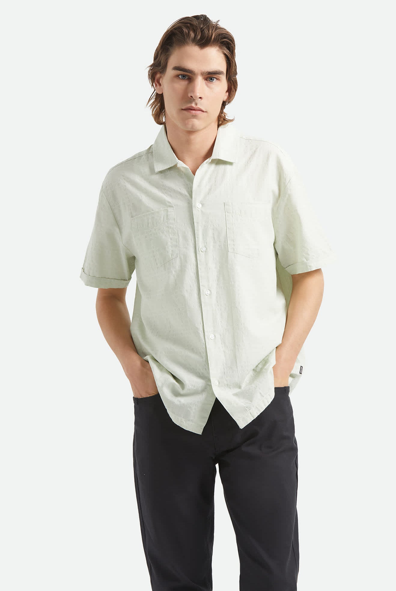 Men's Vintage Short Sleeve Shirt in the color Sea Foam Jacquard Check - Men's Front View