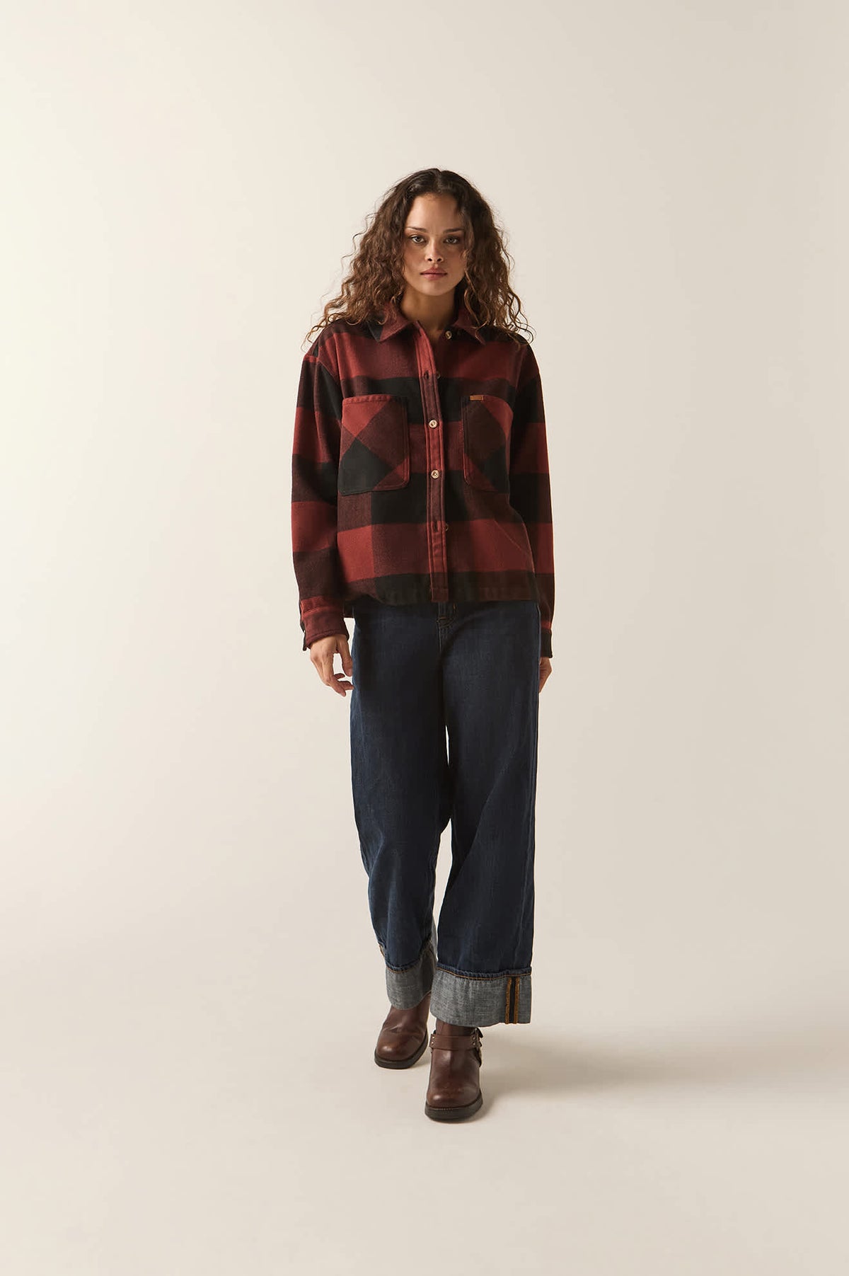 Women's Bowery Women's Soft Brushed Flannel in the color Dark Brick/Black - Additional Fit image