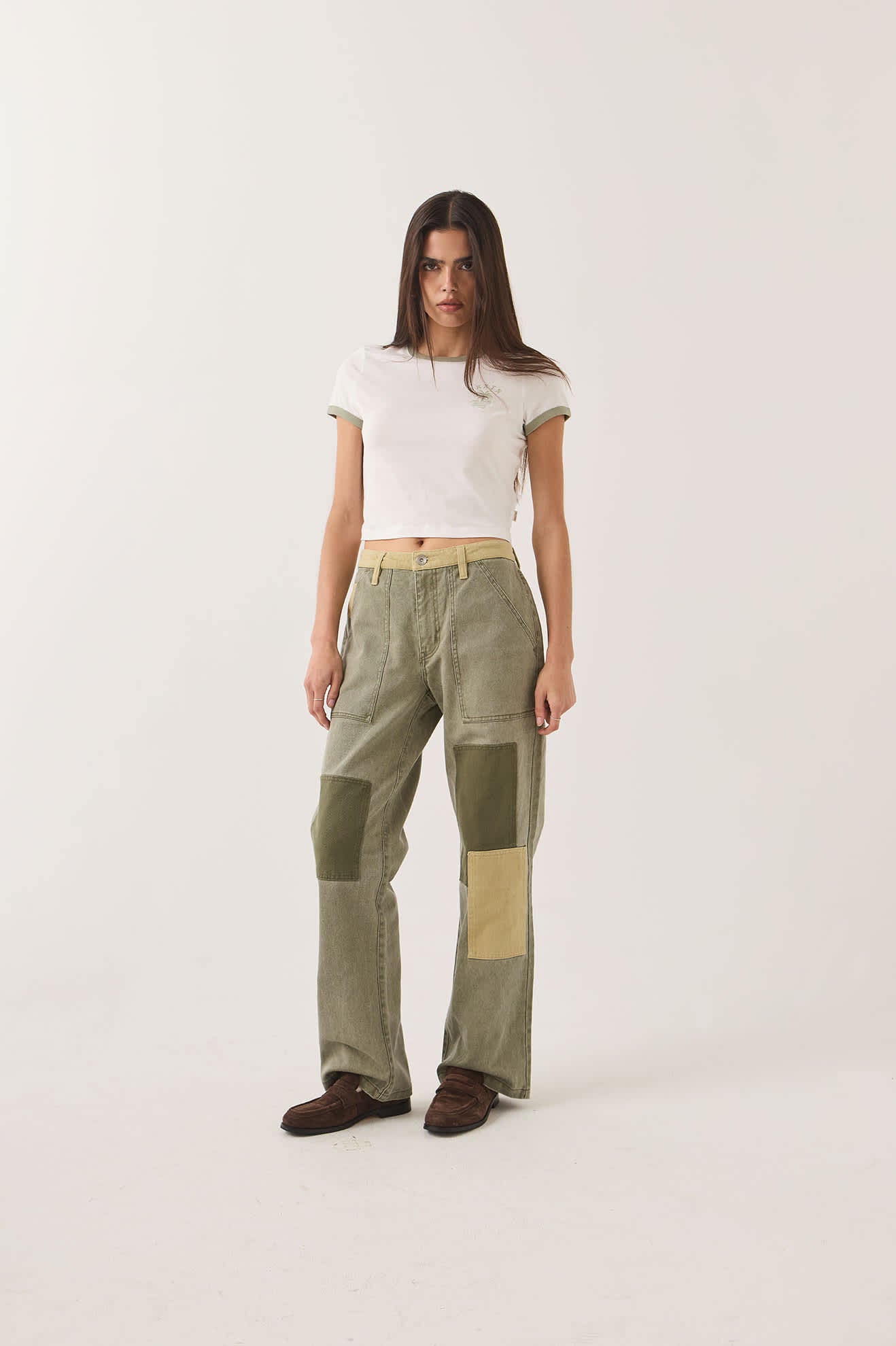 Women's Essex Patchwork Painter Pant in the color Vintage Olive Patchwork - Women's Front Fit Image