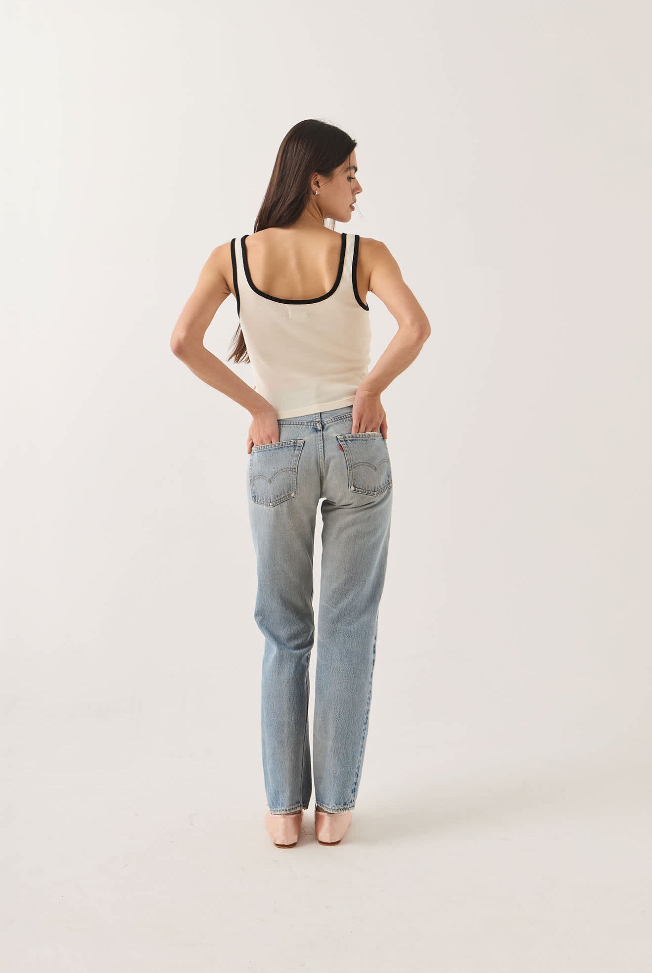 Women's Ringer Organic A-Tank in the color Off White/Black - Women's Back View