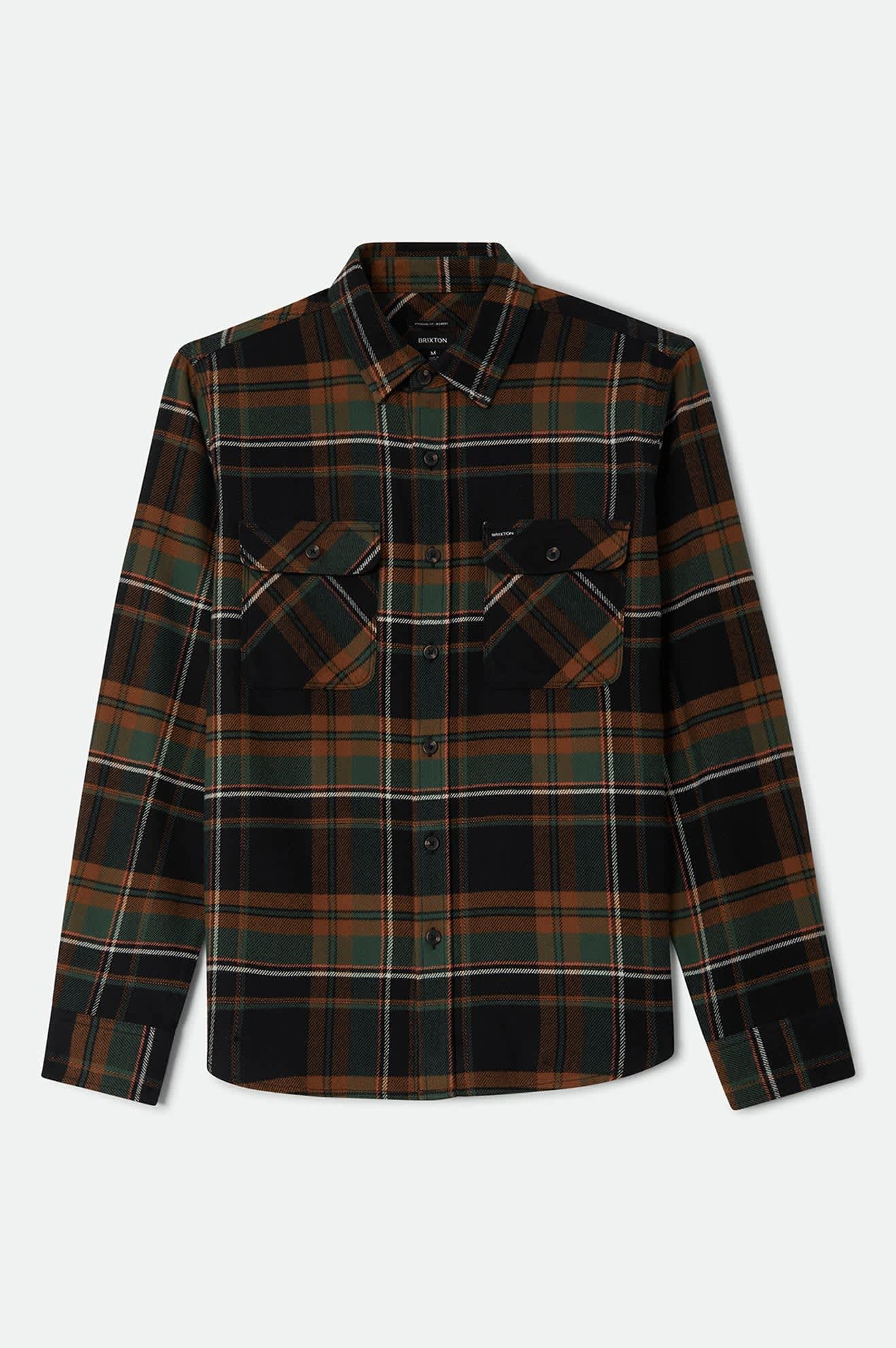Men's Bowery Flannel in the color Black/Pine Needle - Front Product Laydown Image