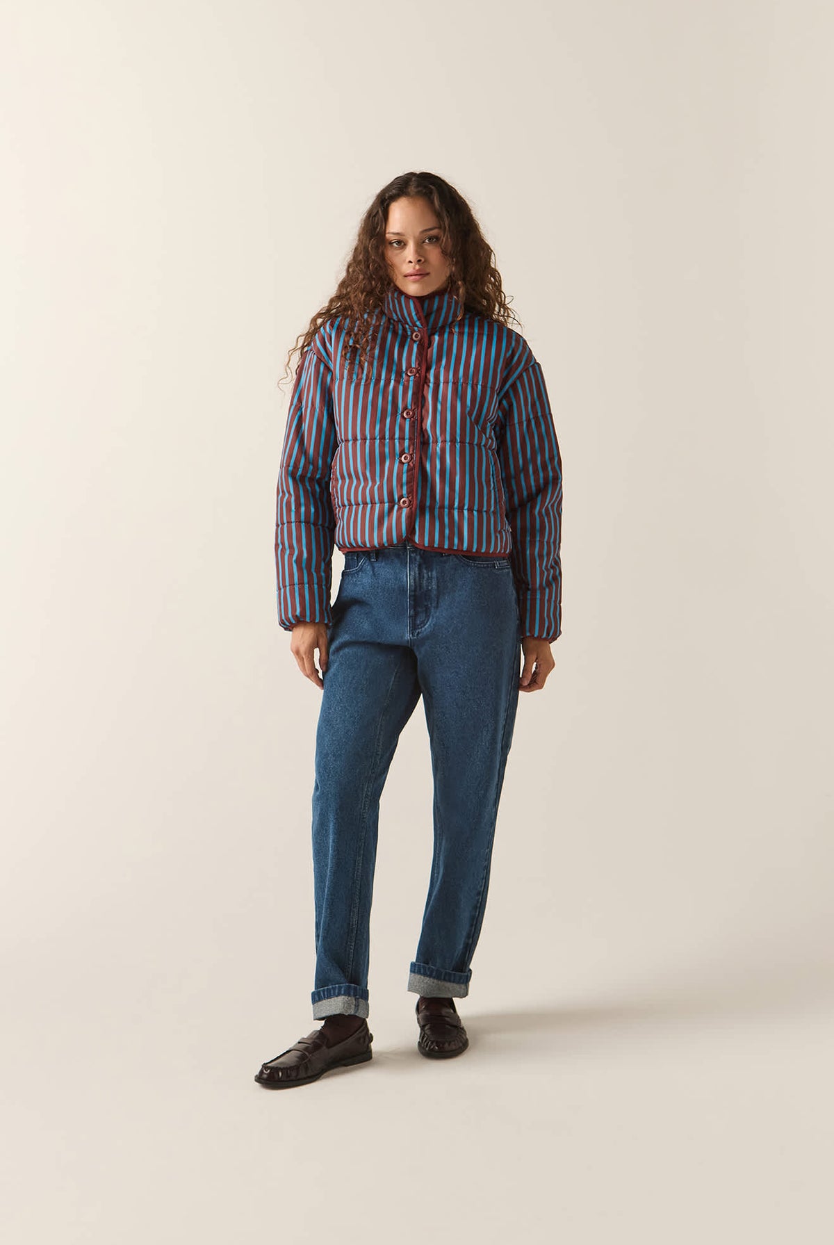 Women's Delilah Mock Neck Jacket in the color Dark Brick/Electric Indigo Stripe - Women's Front Fit Image