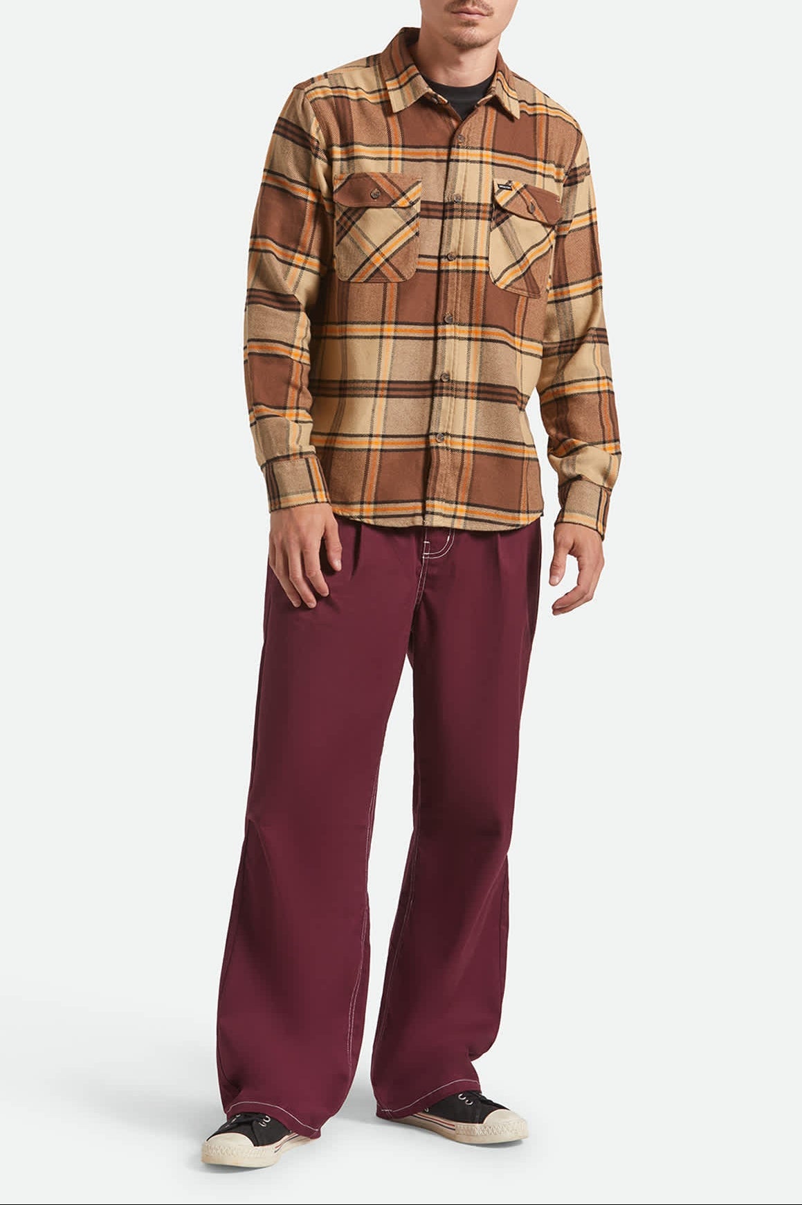 Men's Bowery L/S Flannel in the color Sand/Pinecone/Solar Orange - Men's Front View