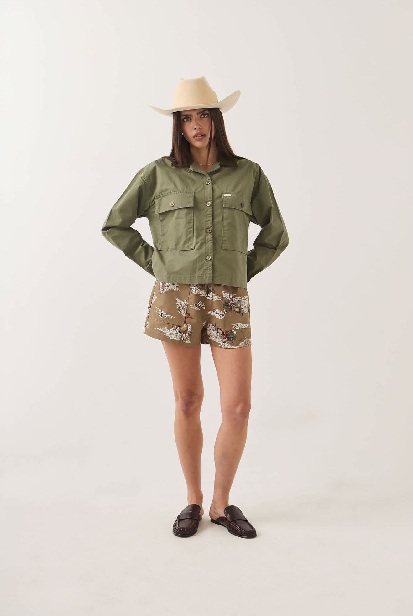Women's Utopia Overshirt in the color Washed Olive Surplus - Women's Front Fit Image