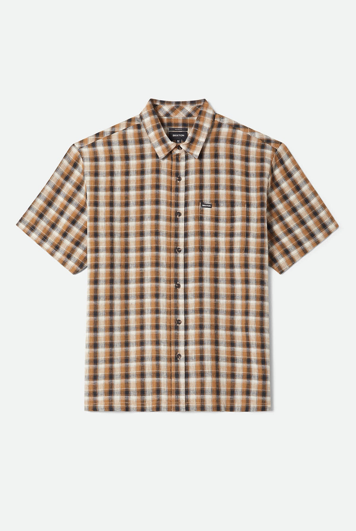 Men's Cru Linen Blend Plaid Short Sleeve Shirt in the color Black/Tobacco Plaid - Front Product Laydown Image