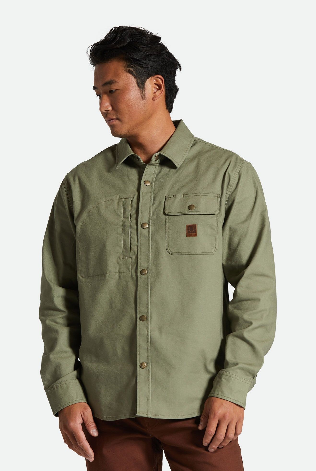Men's Fit, Front View | Builders Stretch Overshirt - Olive Surplus
