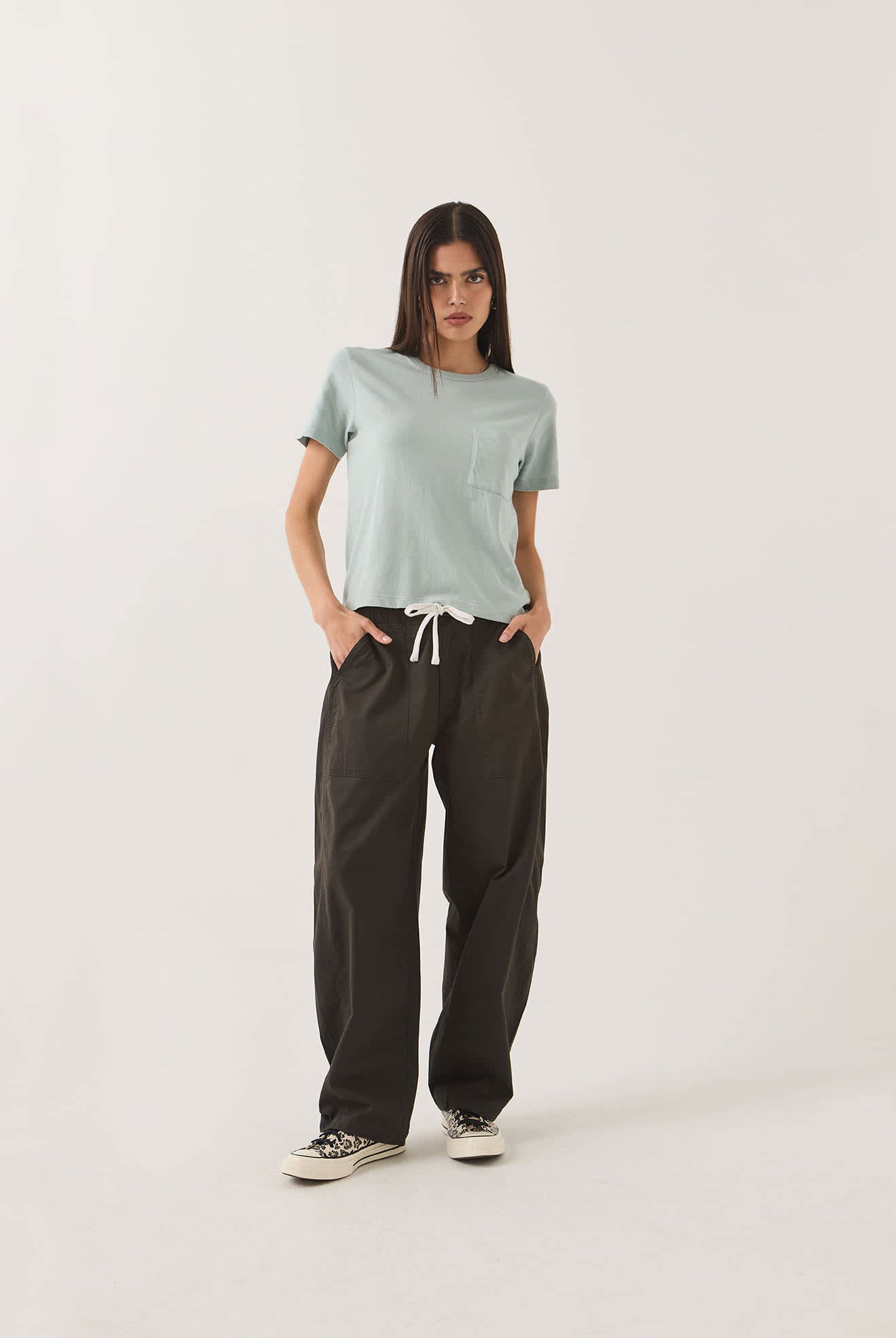 Women's Carefree Organic Garment Dye Perfect T-Shirt in the color Sea Grass - Women's Front Fit Image