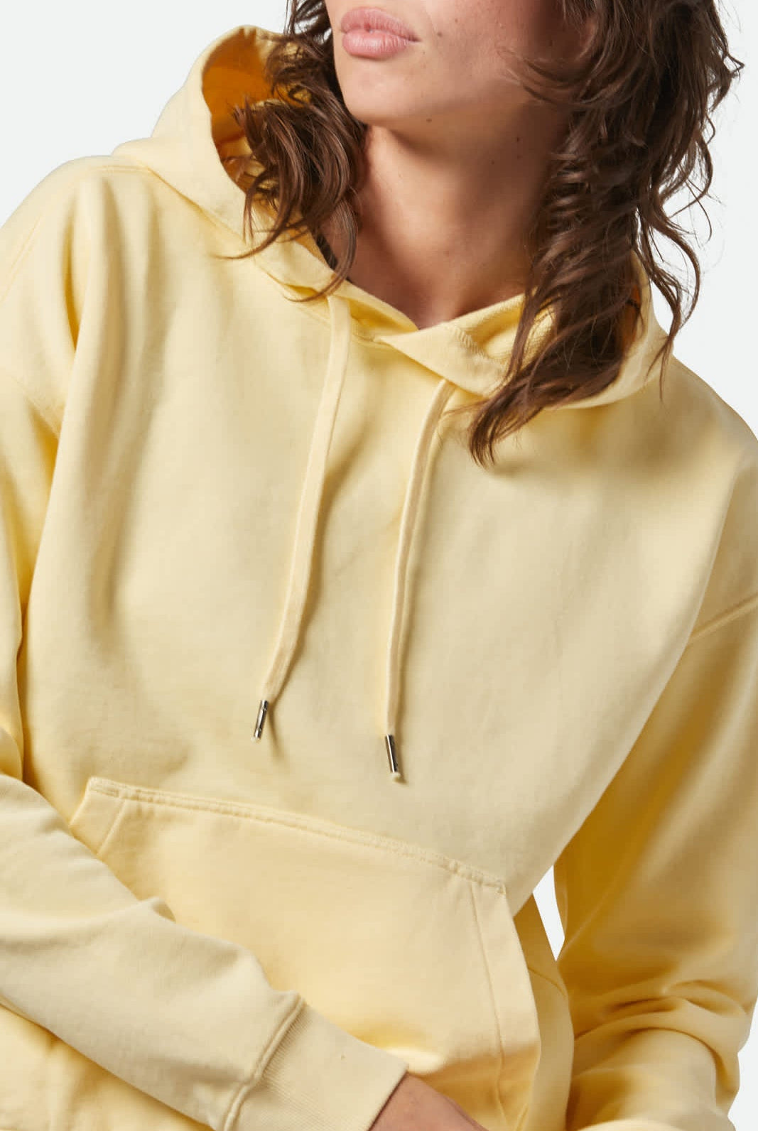 Women's Cross Loop French Terry Hoodie in the color Panna Cotta - Additional Fit View