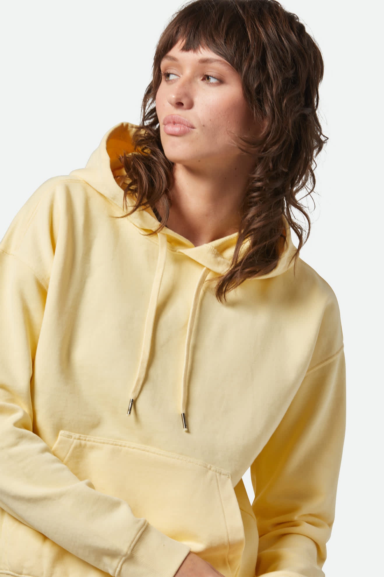 Women's Cross Loop French Terry Hoodie in the color Panna Cotta - Additional Fit View
