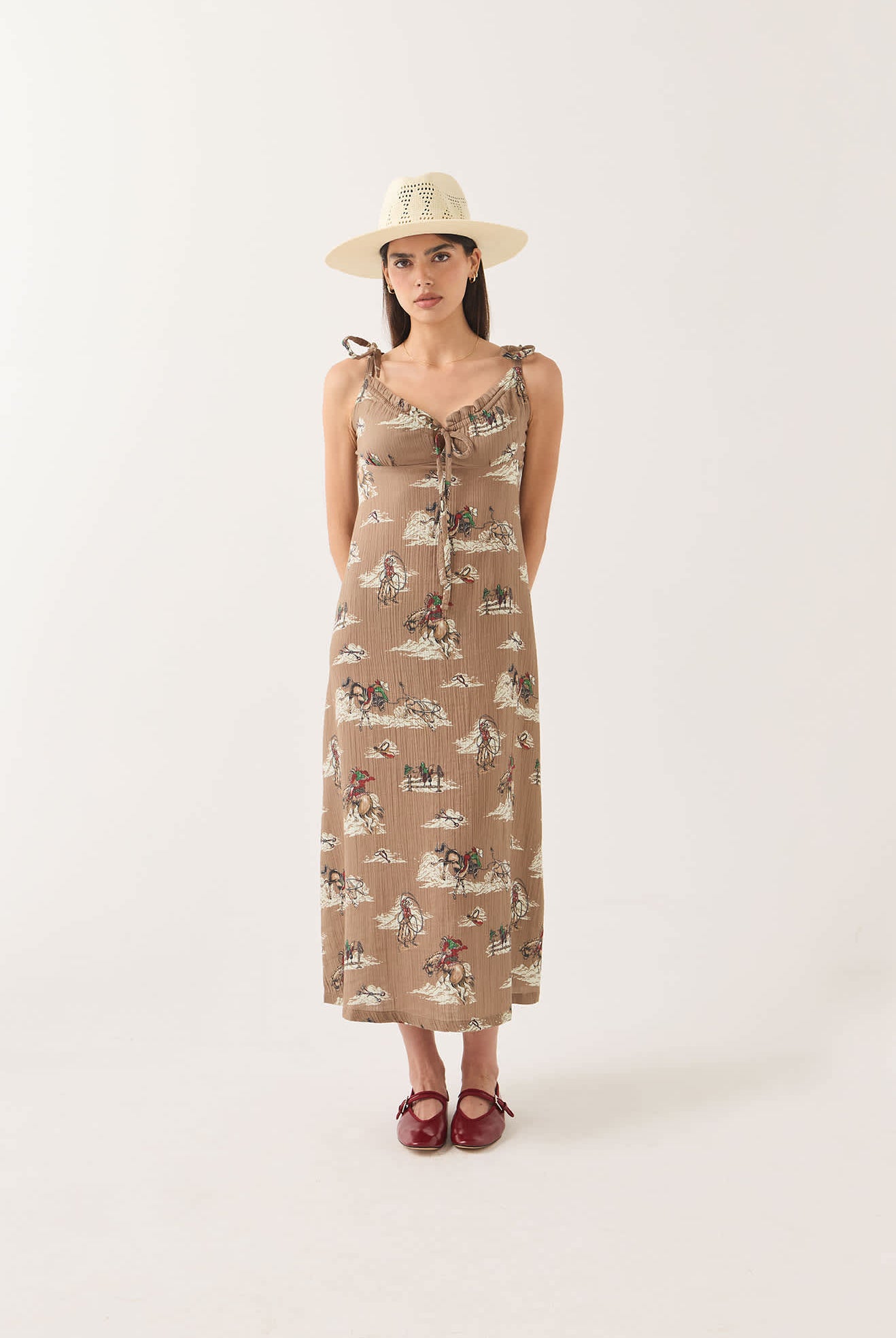 Women's The Tie Dress in the color Mid Century Cowboy Print - Women's Front Fit Image
