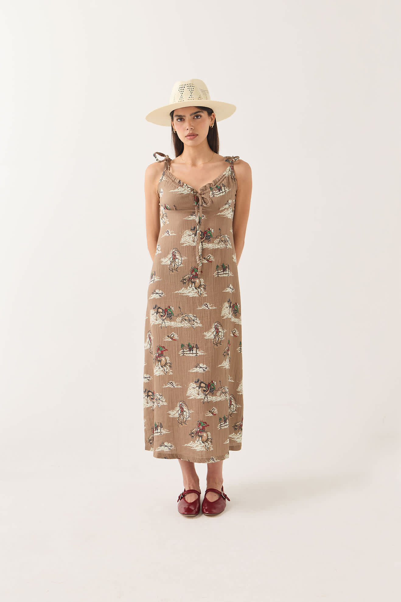 Women's The Tie Dress in the color Mid Century Cowboy Print - Women's Front Fit Image