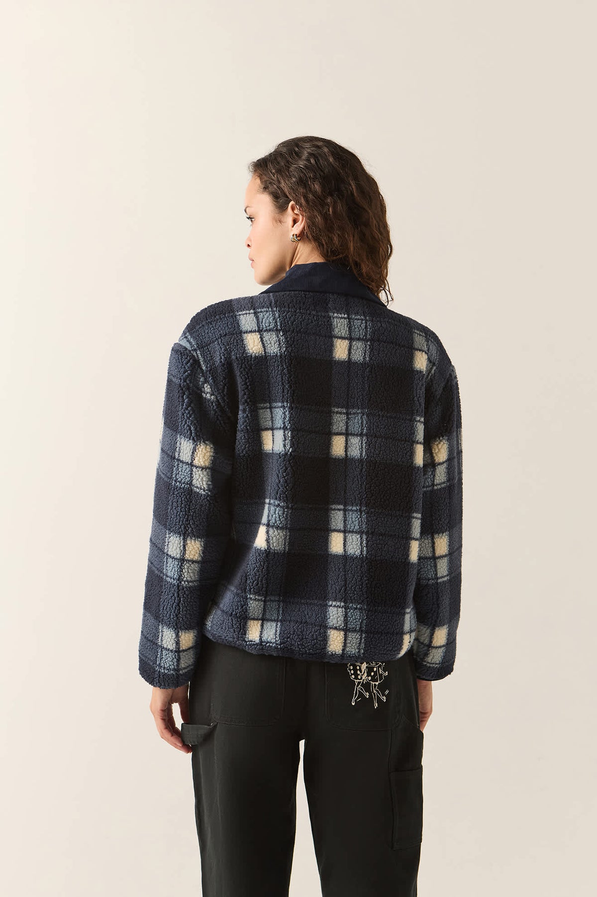 Women's Delilah Sherpa Jacket in the color Classic Navy Plaid - Women's Back View