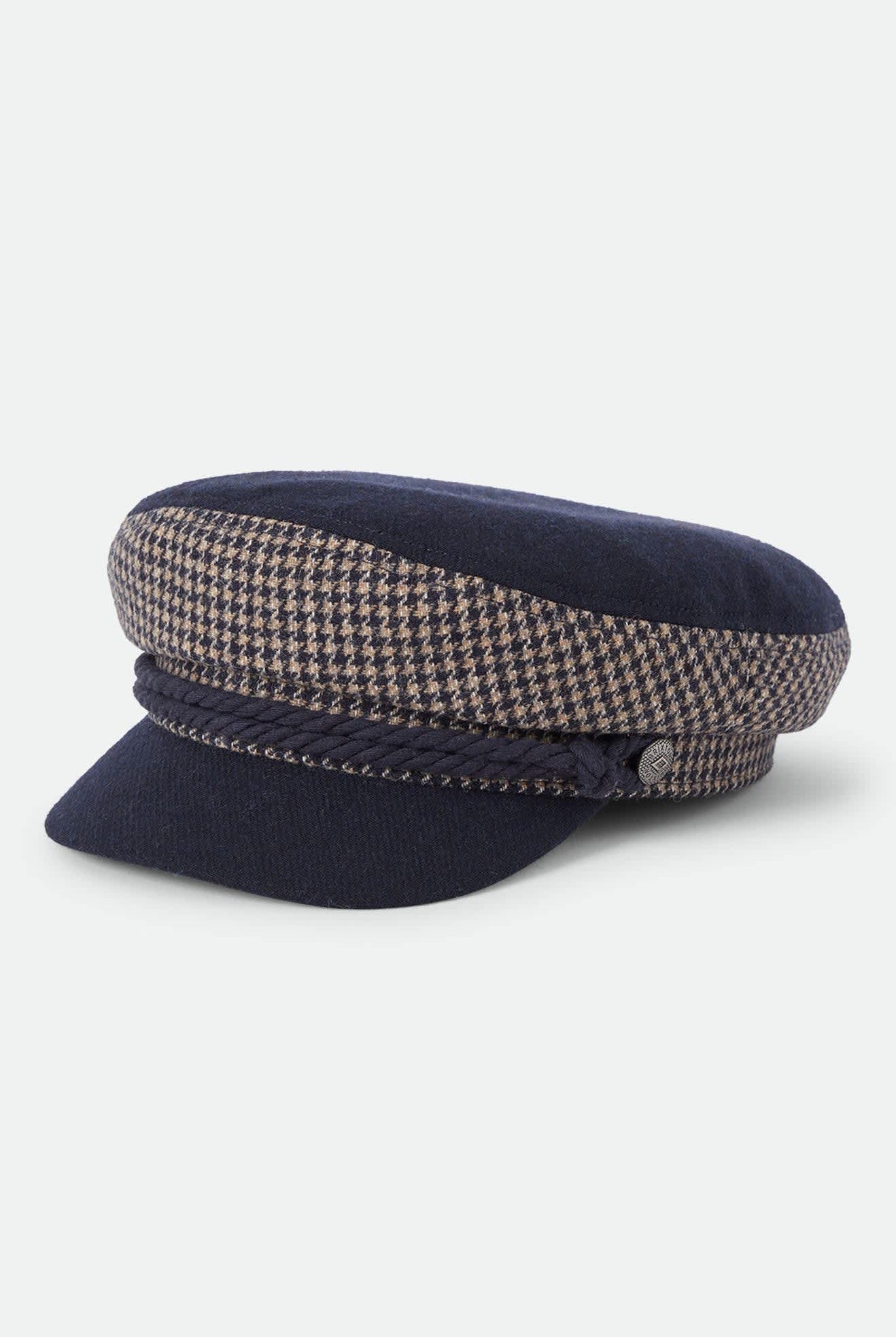 Unisex Fiddler Fisherman Cap in the color Navy/Sand Houndstooth - Front Product Laydown Image