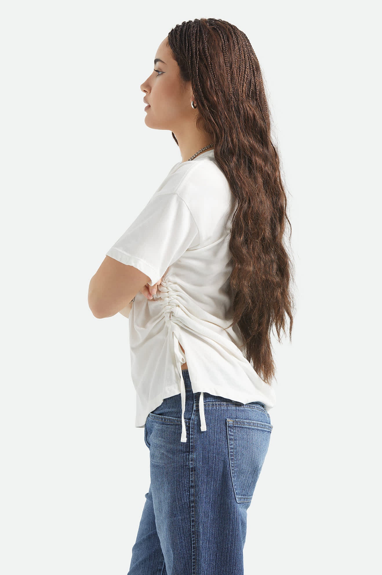 Women's Carefree Organic Garment Dye Cinch T-Shirt in the color Off White - Women's Side View