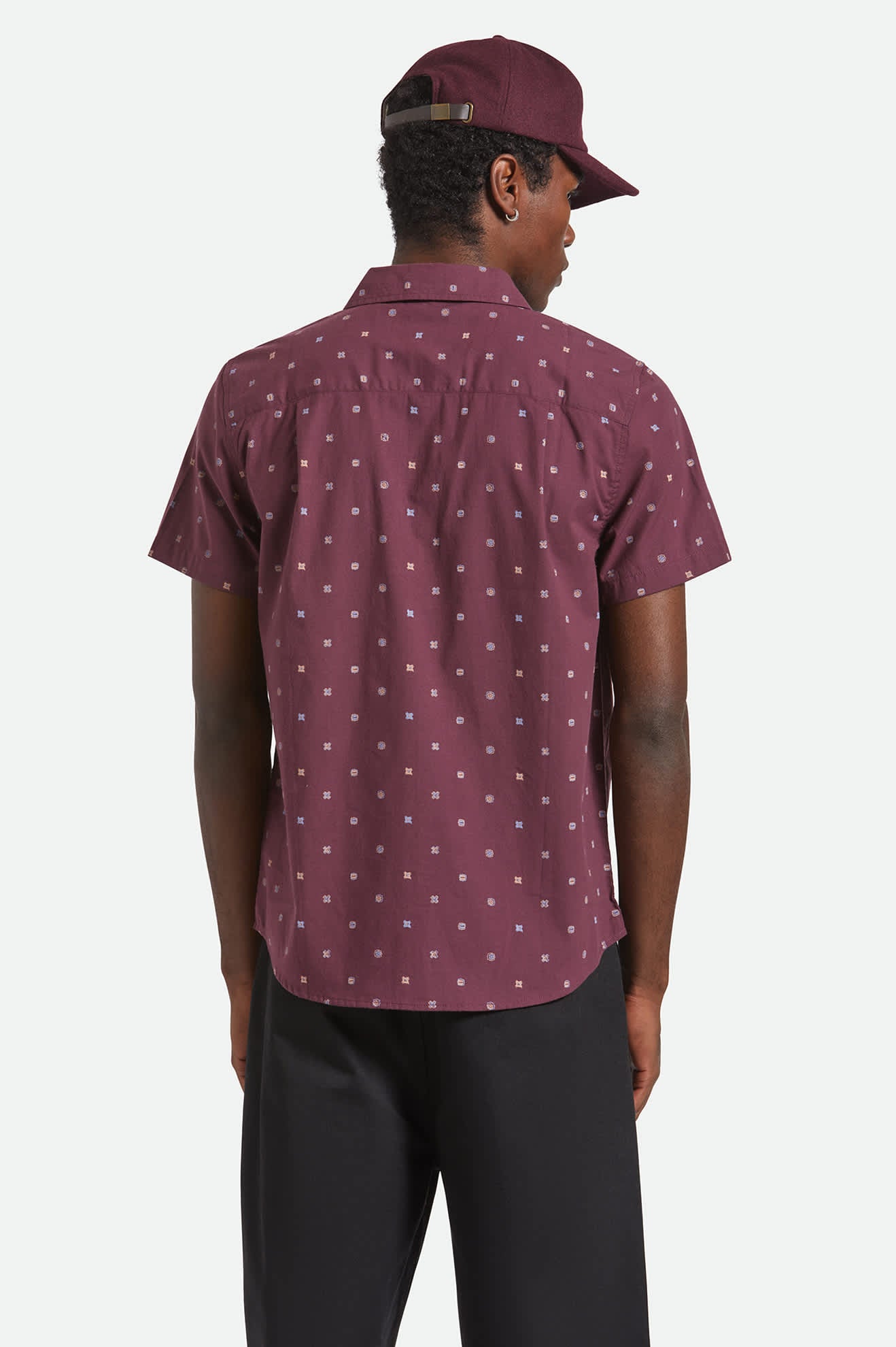 Men's Charter Print S/S Shirt in the color Port/Micro Geo - Men's Back View