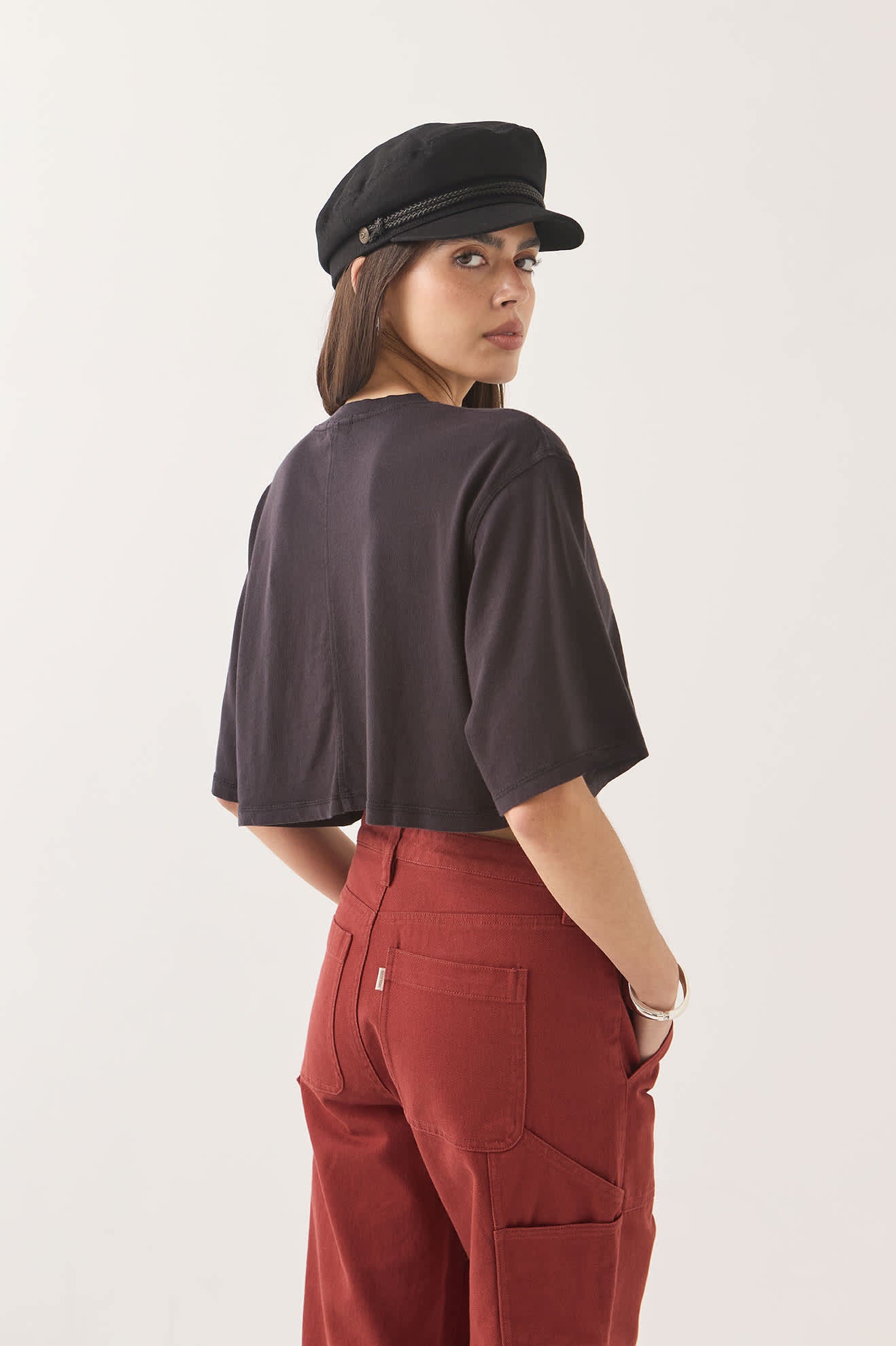 Women's Carefree Organic Garment Dye Cropped Henley in the color Black - Additional Fit image