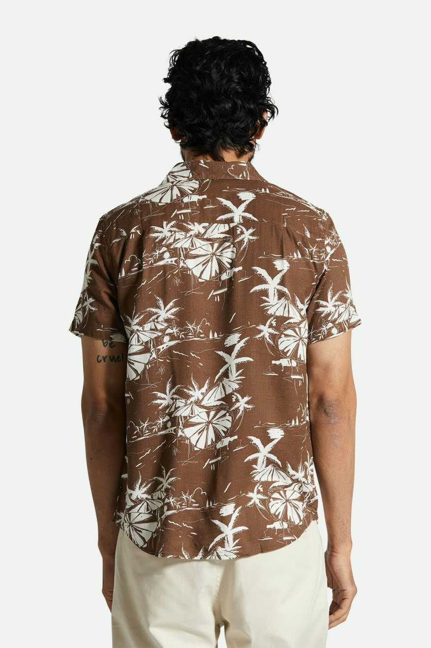 Men's Fit, Back View | Charter Slub S/S Woven Shirt - Sepia Umbrella Scene