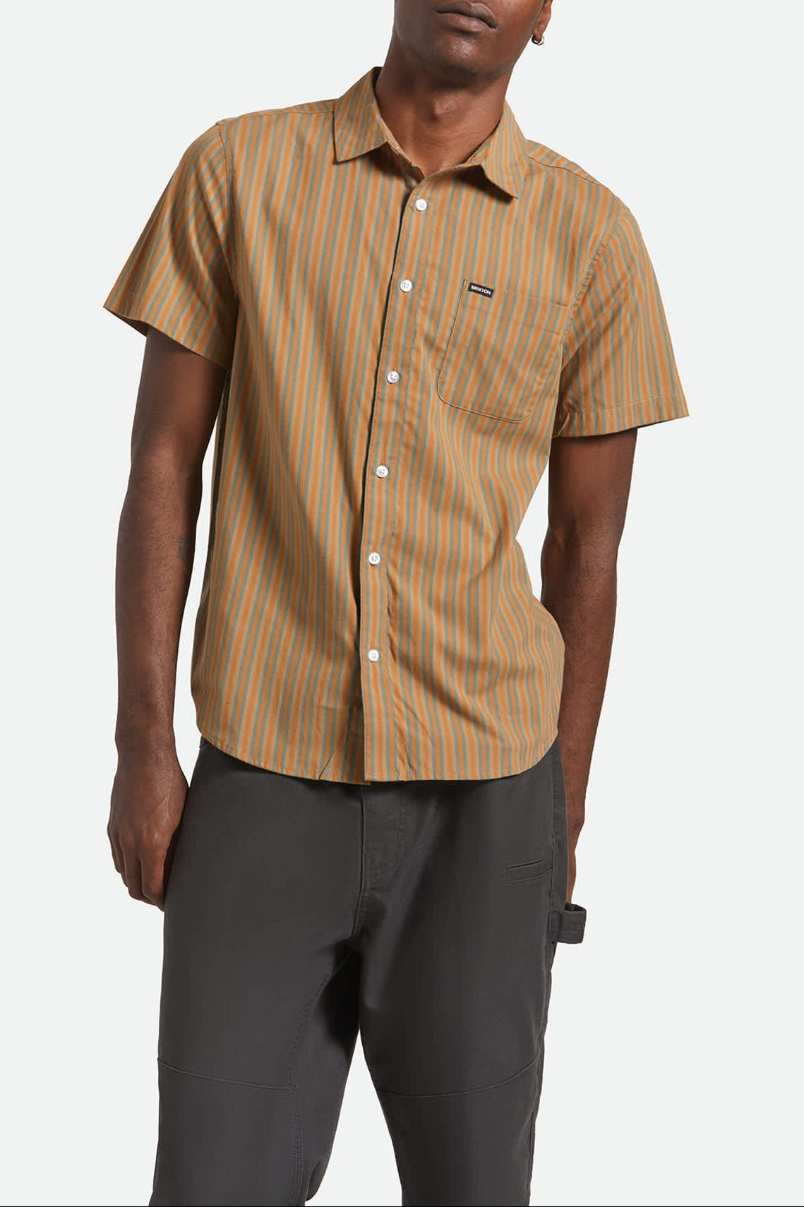 Men's Charter Stripe S/S Shirt in the color Rustic Caramel/Night Sage - Men's Front View