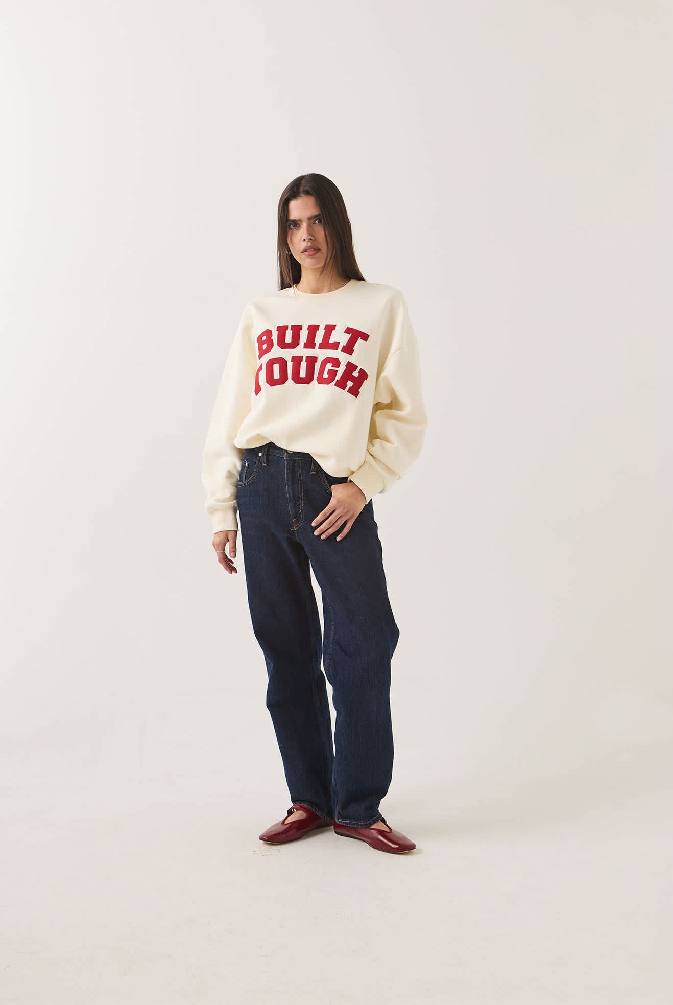 Women's Ford Built Tough Crew Fleece in the color Wimbledon White - Women's Front Fit Image
