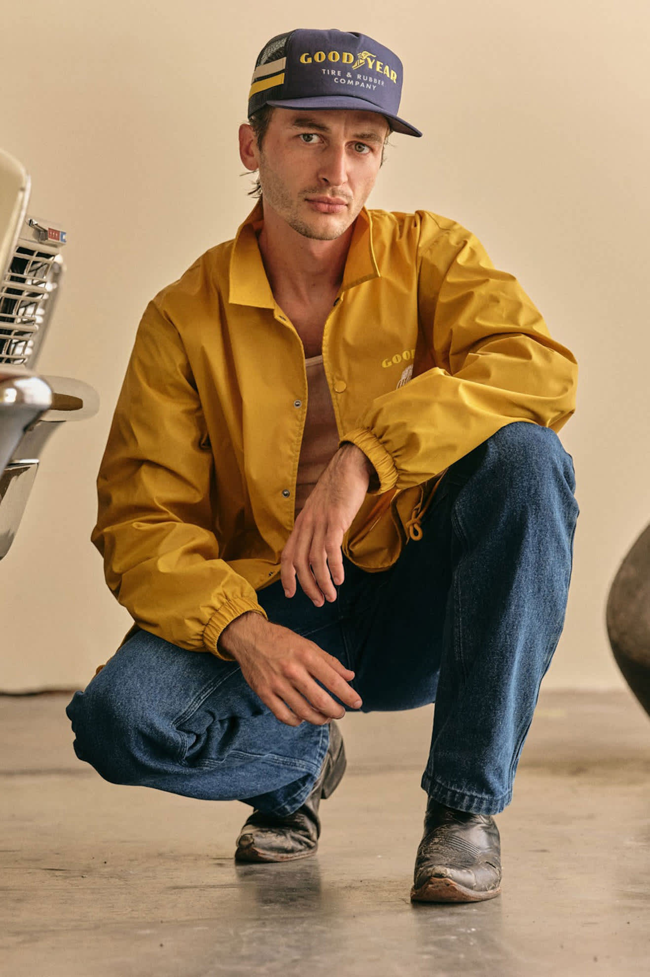 Unisex Goodyear Service Trucker Hat in the color Navy - Men's Front View