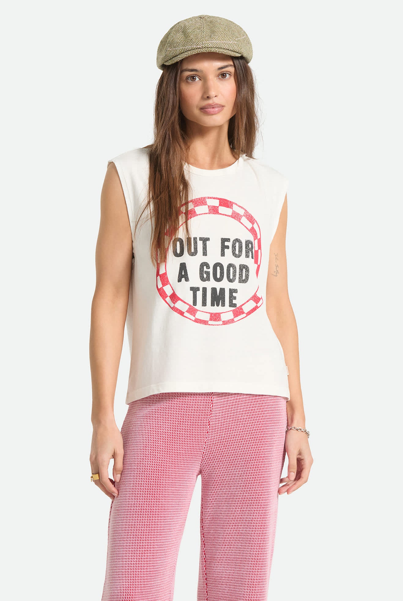 Women's Out For A Good Time Muscle Tank in the color Off White - Women's Front Fit Image