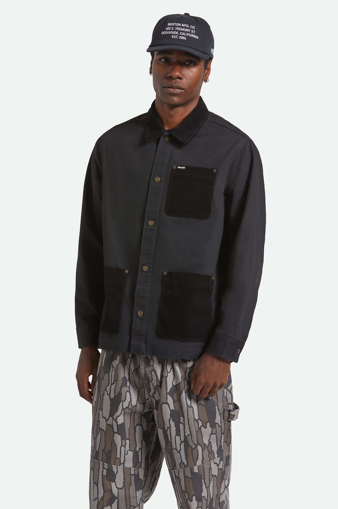 Men's Herringbone Lightweight Chore Coat in the color Black Herringbone - Men's Front View