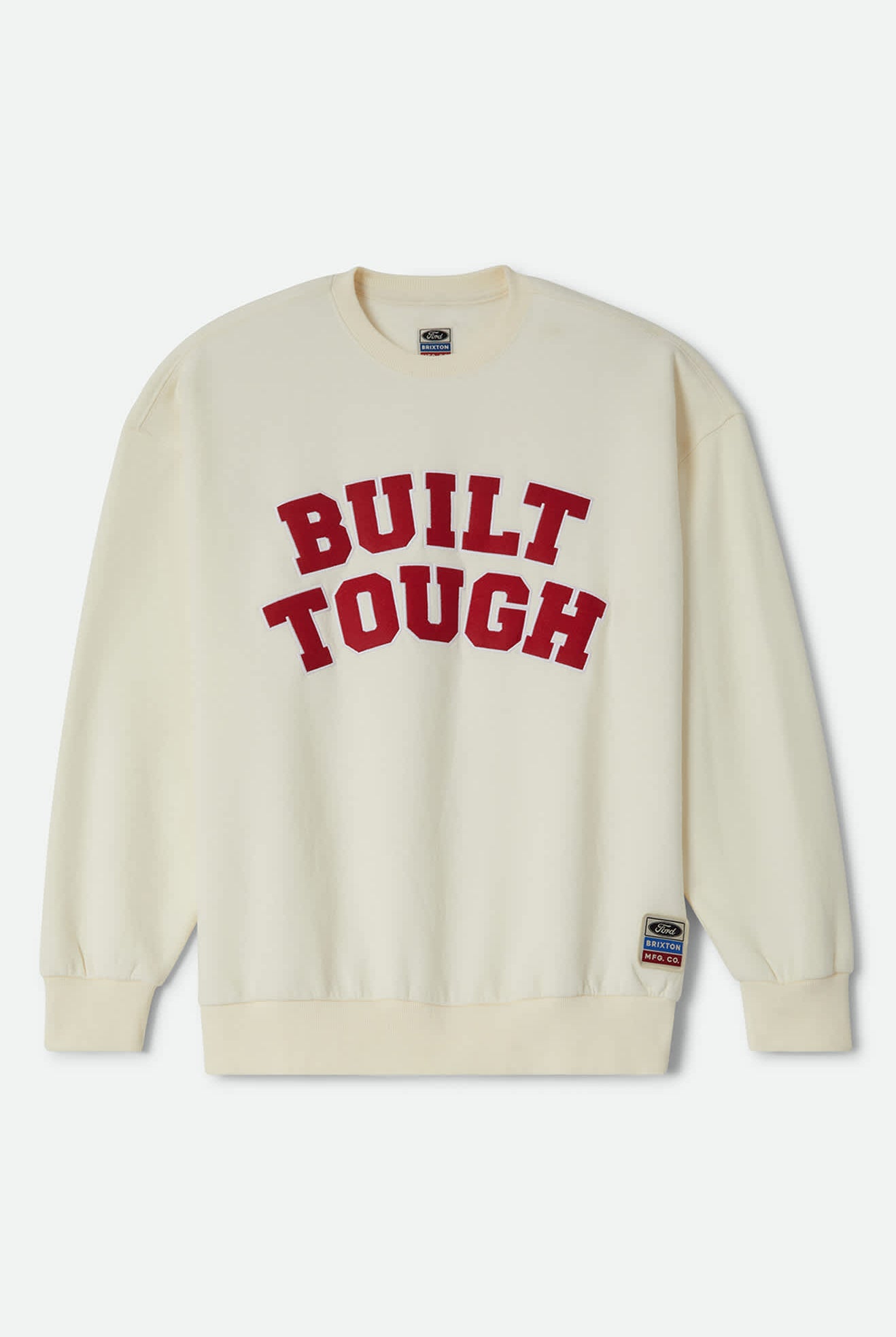 Women's Ford Built Tough Crew Fleece in the color Wimbledon White - Front Product Laydown Image
