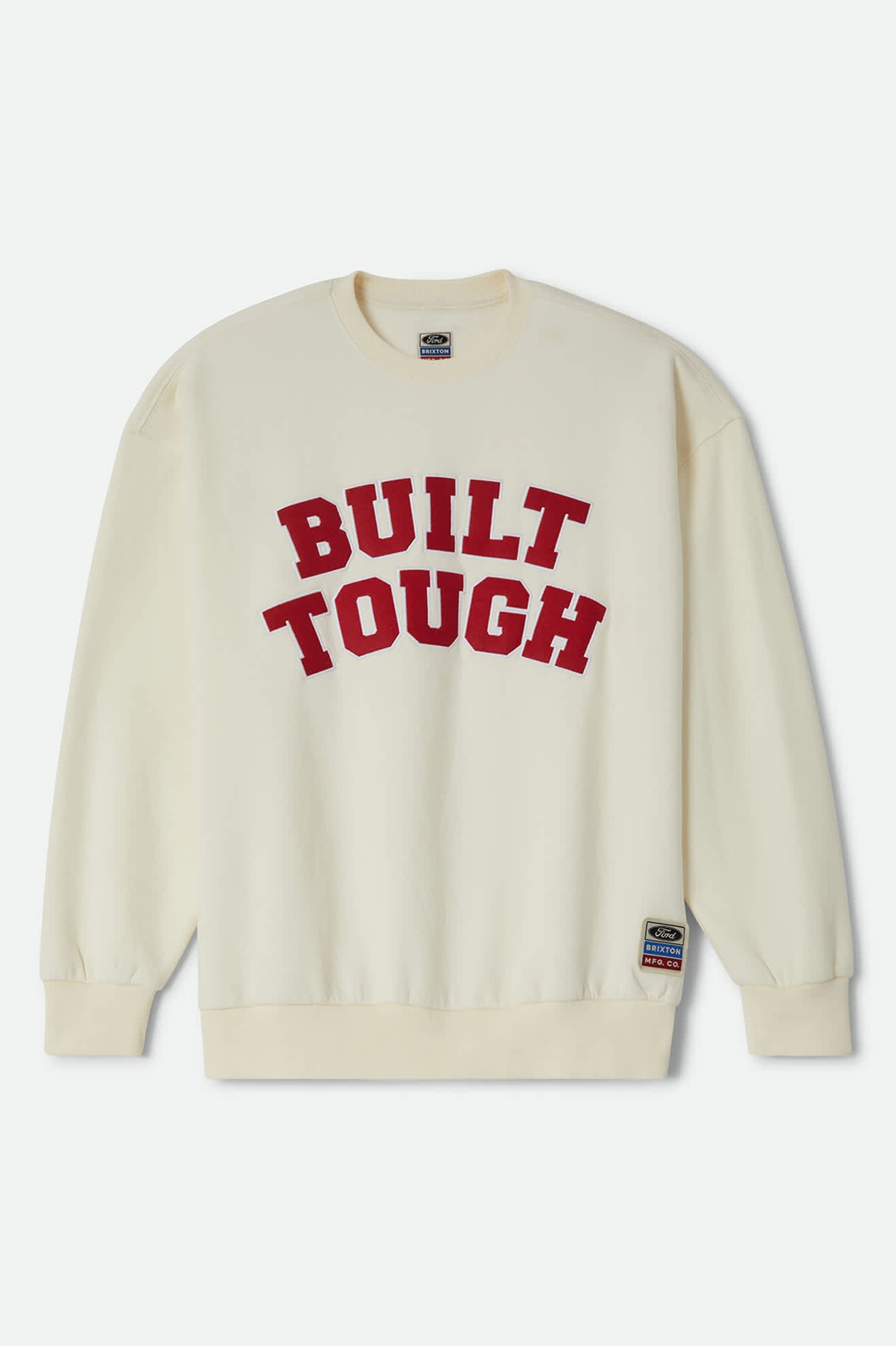 Women's Ford Built Tough Crew Fleece in the color Wimbledon White - Front Product Laydown Image