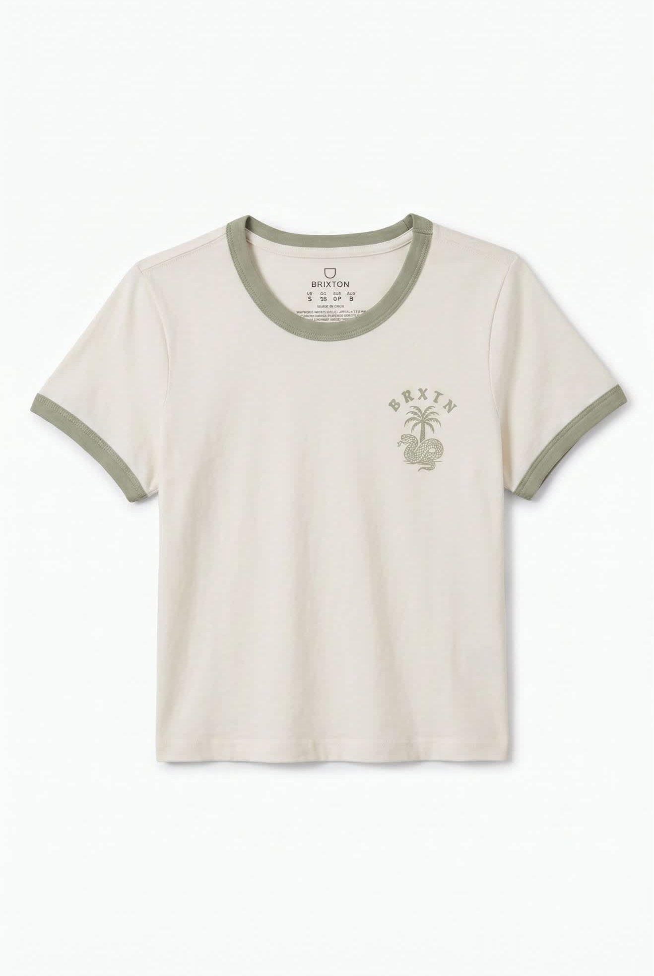 Women's Serpent Baby T-Shirt in the color White/Desert Sage - Front Product Laydown Image
