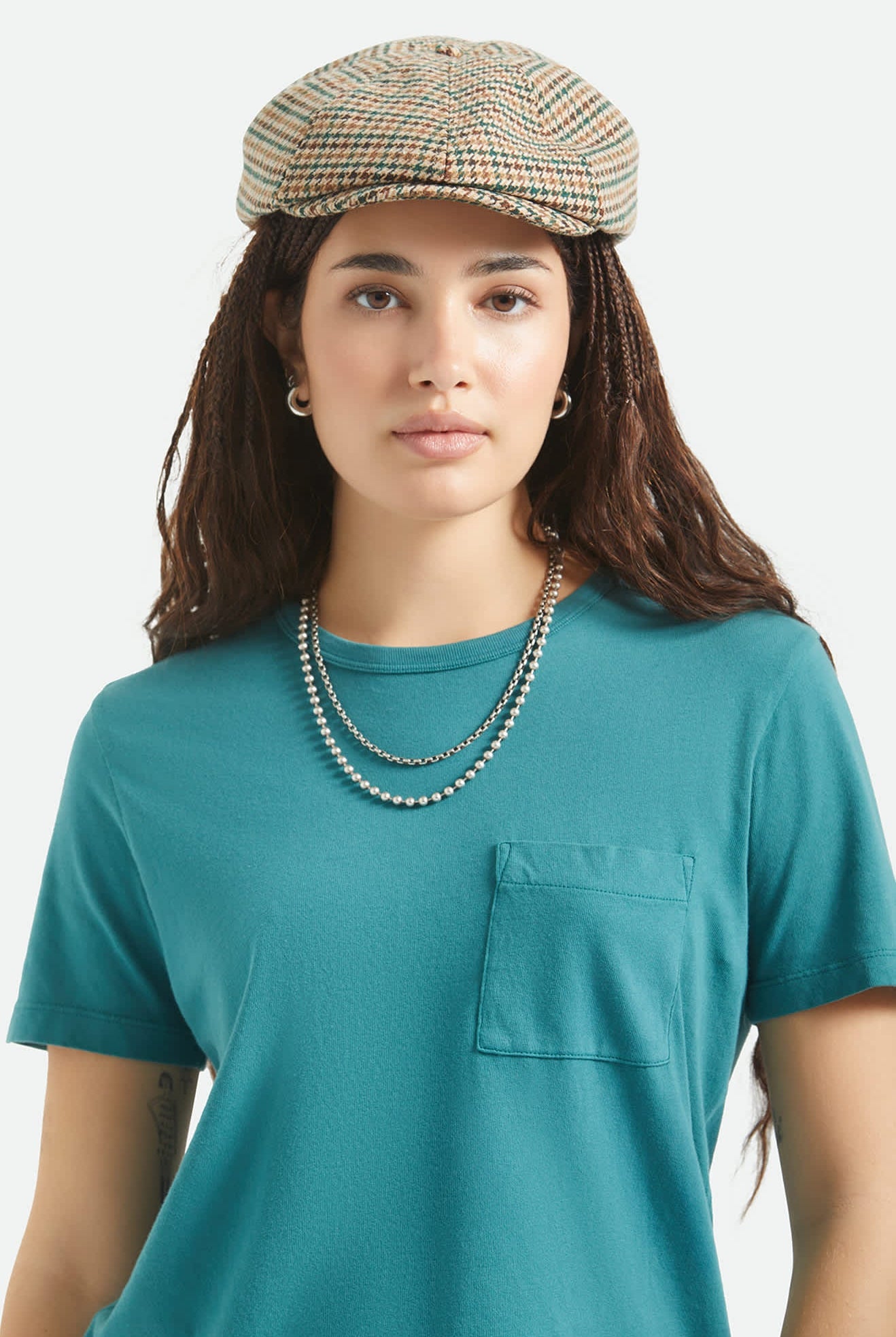 Unisex Brood Newsboy Cap in the color Dusted Ochre/Khaki/Verdant Green - Women's Front View