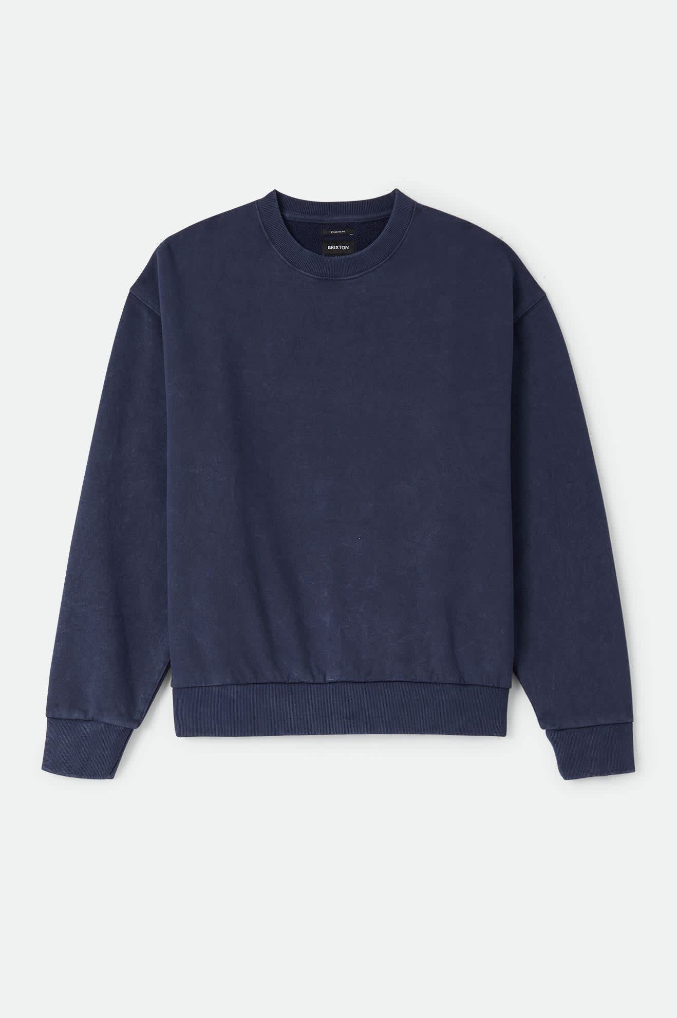Men's Brixton Baseline Crew Fleece in the color Washed Navy Vintage Wash - Front Product Laydown Image