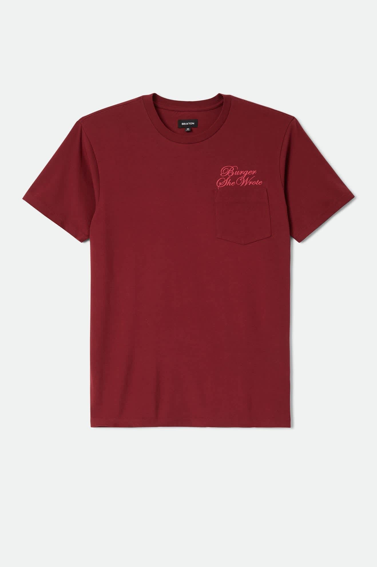 Men's Burger She Wrote Pocket T-Shirt in the color Burgundy - Front Product Laydown Image