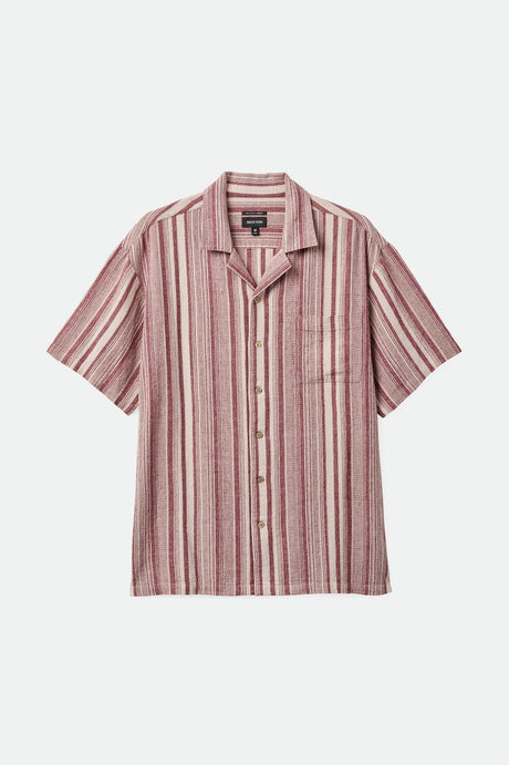 Brixton Men's Bunker Seersucker S/S Camp Collar Woven Shirt - Cranberry Juice/Off White | Profile