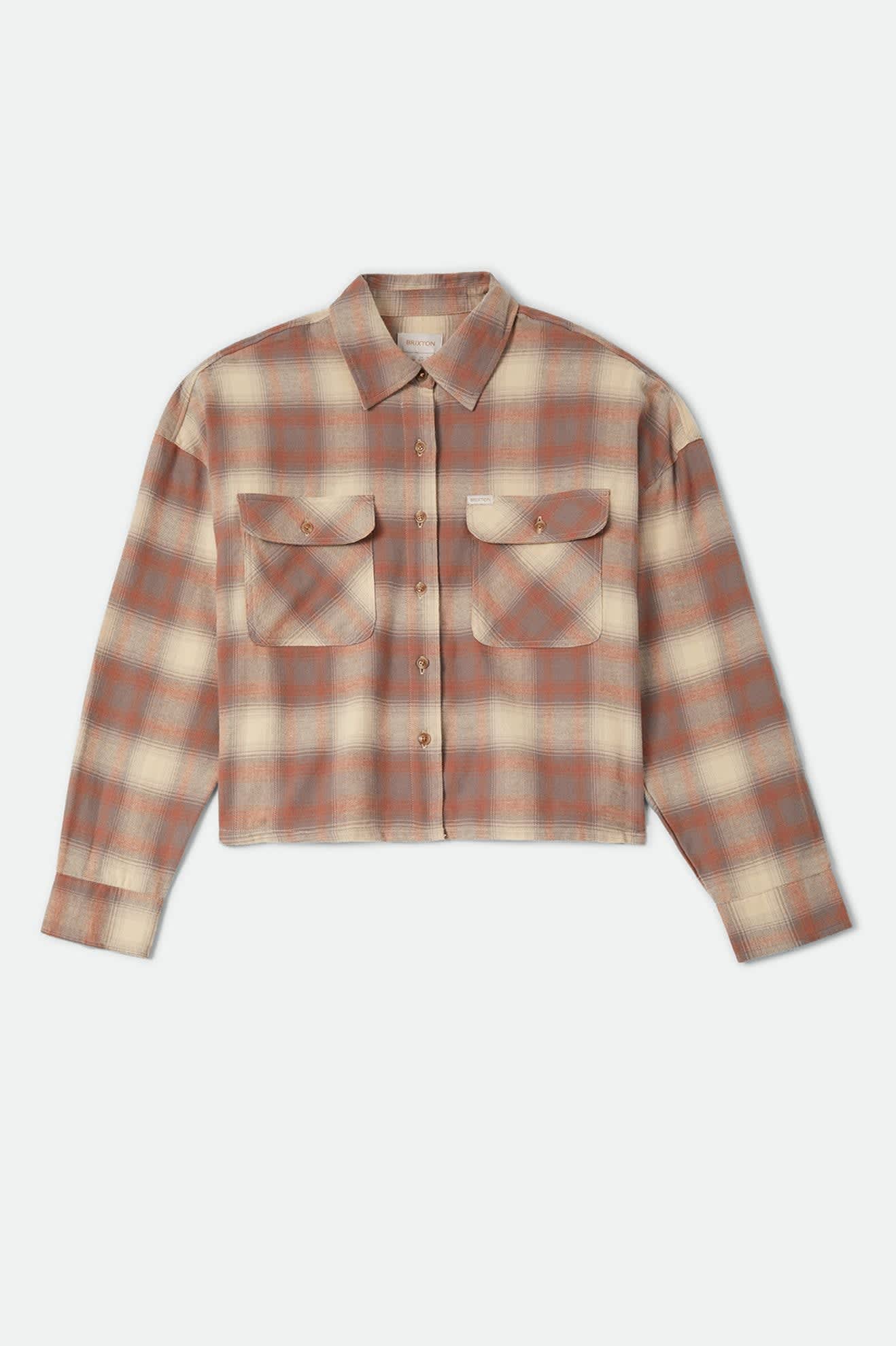 Women's Bowery Crop Women's Overshirt in the color Soft Tan Window Plaid - Front Product Laydown Image