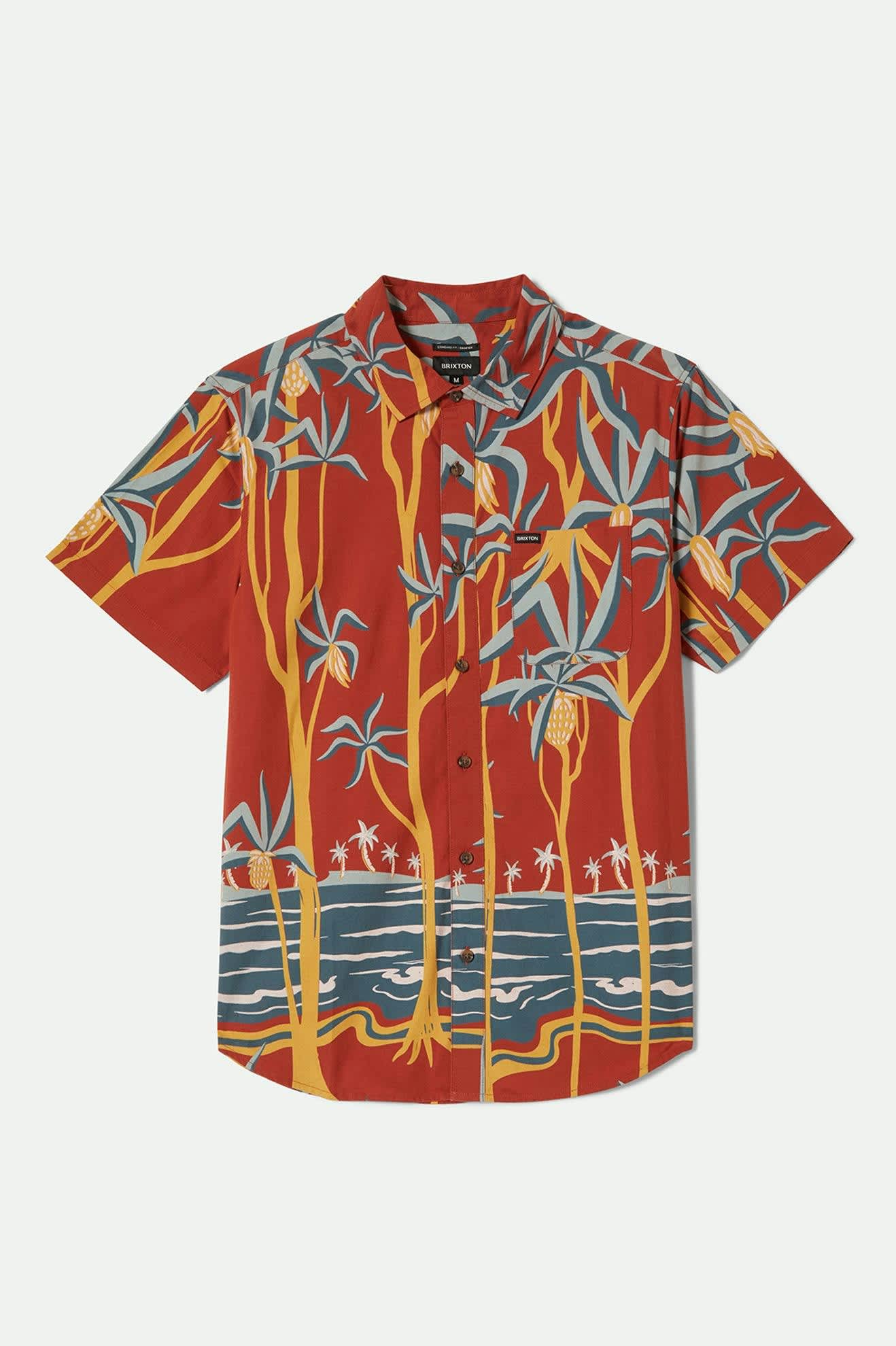 Men's Charter Print S/S Shirt in the color Dark Red Scenic Trip - Front Product View