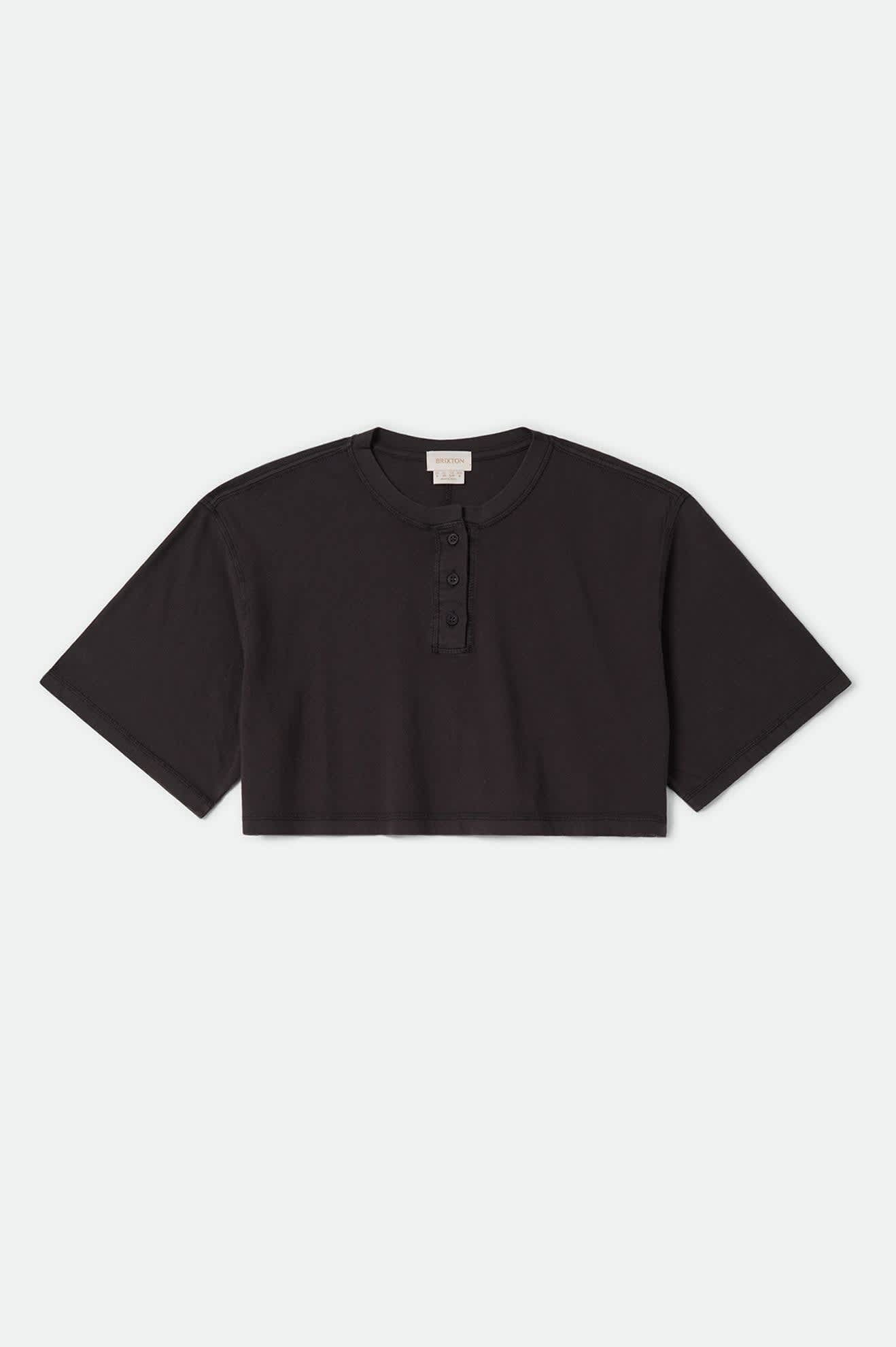 Women's Carefree Organic Garment Dye Cropped Henley in the color Black - Front Product Laydown Image