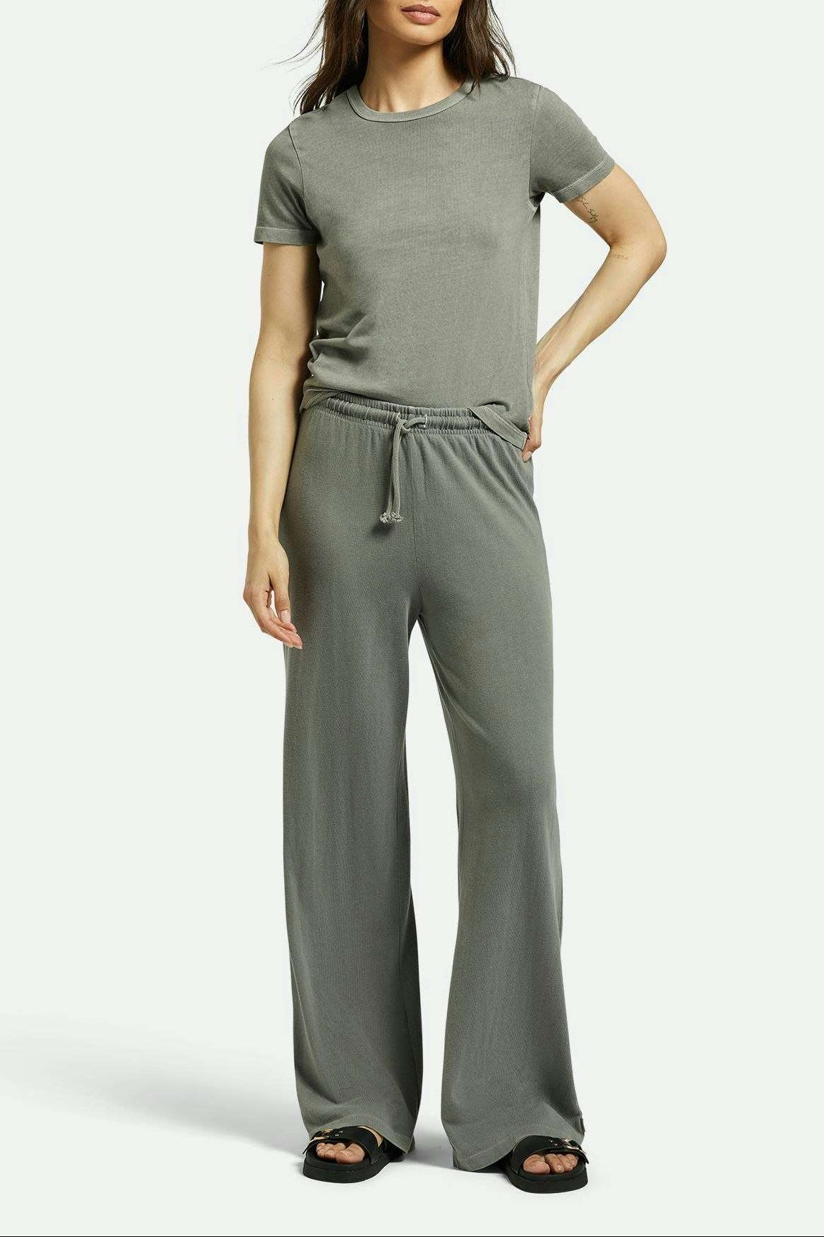 Brixton Women's Carefree Organic Garment Dye Lounge Pant - Washed Black | Front fit