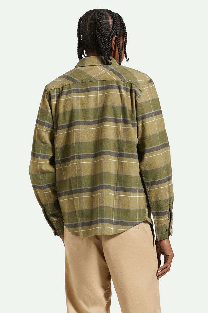 Back Fit Image | Builders Bowery Stretch Water Resistant L/S Flannel - Dill/Olive Surplus/Washed Black