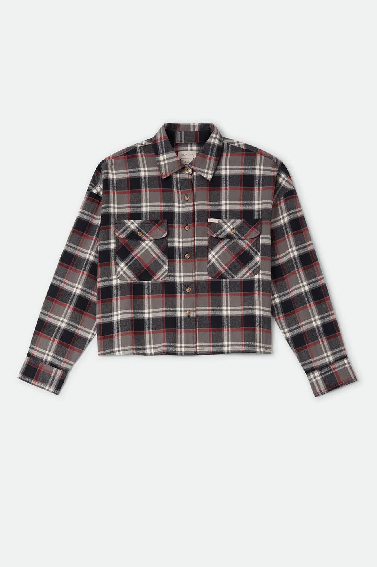 Women's Bowery Crop Women's Overshirt in the color Washed Black Plaid - Front Product Laydown Image