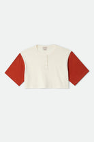 Women's Carefree Organic Garment Dye Cropped Henley in the color Off White/Rust - Front Product Laydown Image