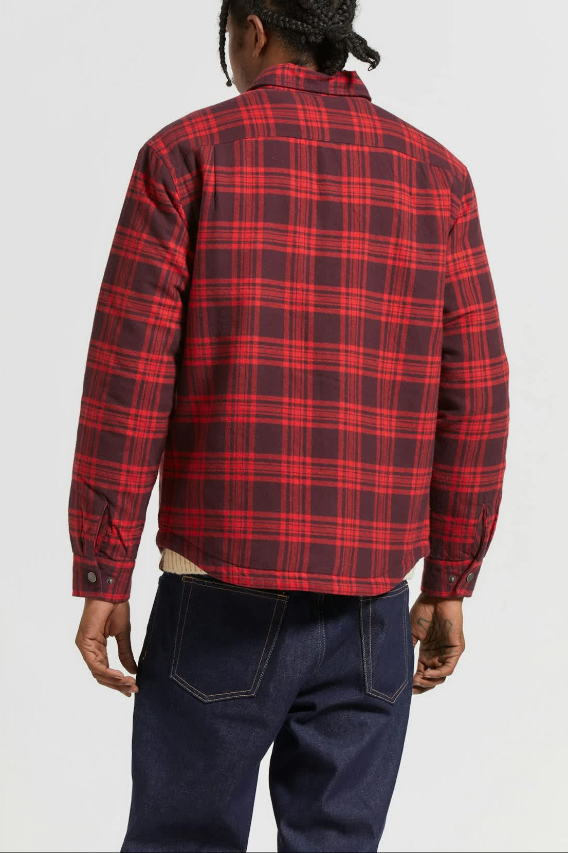 Men's Bowery Quilted L/S Flannel in the color Bright Red/Mahogany - Men's Back View