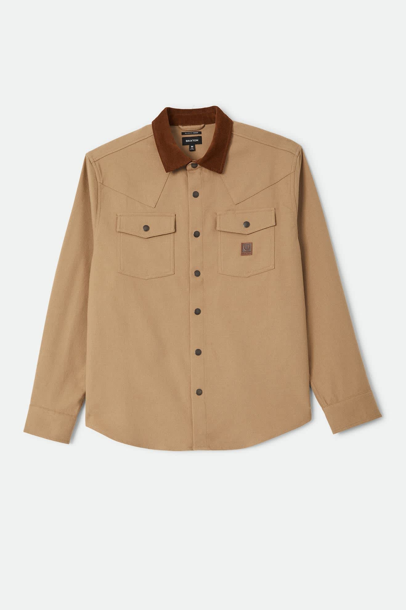 Men's Bowery Builders Ranch Performance Flannel in the color Khaki/Brown - Front Product Laydown Image