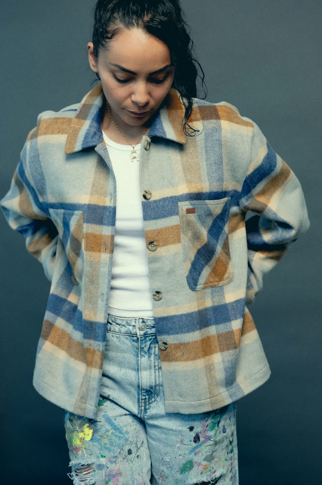 Women's Bowery Women's Soft Brushed L/S Flannel in the color Dark Denim - Additional Fit image